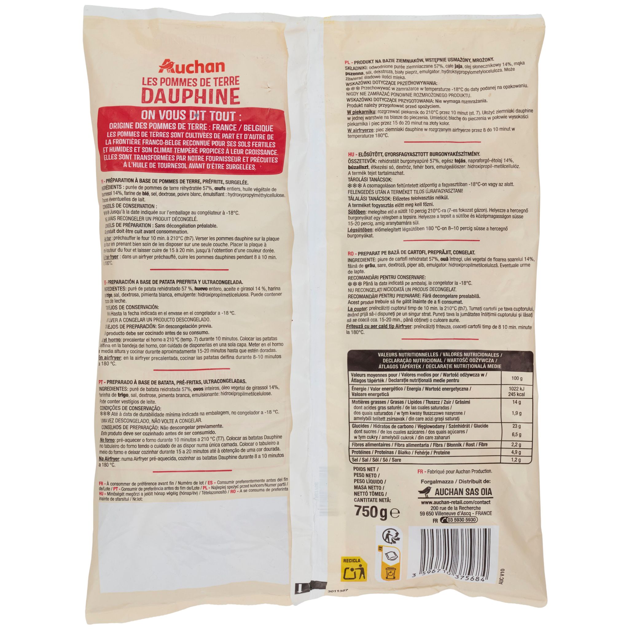 Voir la diapositive 4 : AUCHAN Pommes de terre dauphine 750g