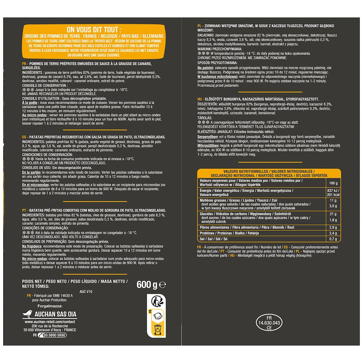 AUCHAN Pommes de terre sautées à la sarladaise 600g