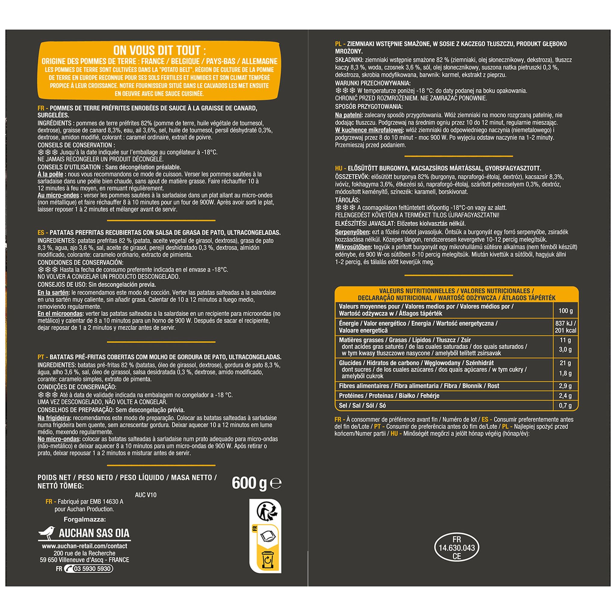 Voir la diapositive 3 : AUCHAN Pommes de terre sautées à la sarladaise 600g