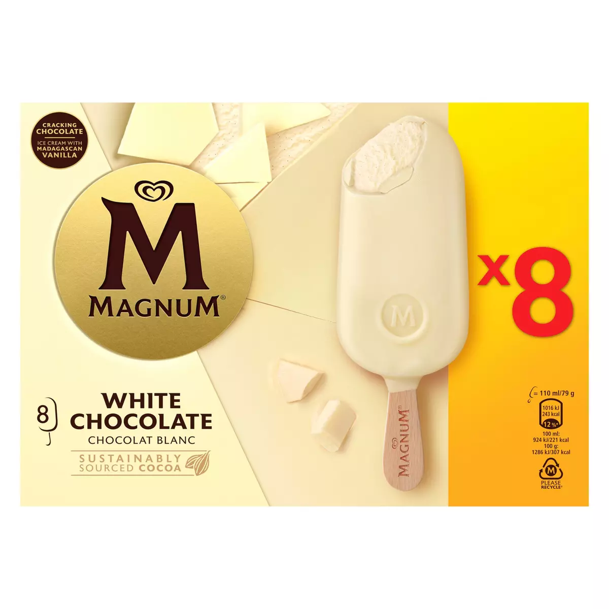 MAGNUM Bâtonnet glacé vanille enrobé de chocolat blanc 8 pièces 632g