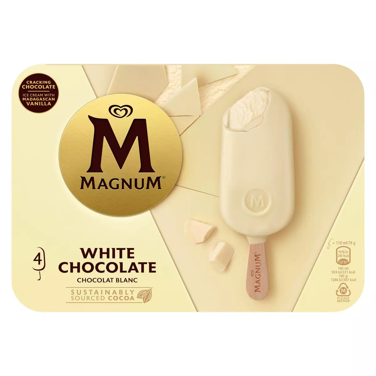 MAGNUM Bâtonnet glacé chocolat blanc 4 pièces 316g