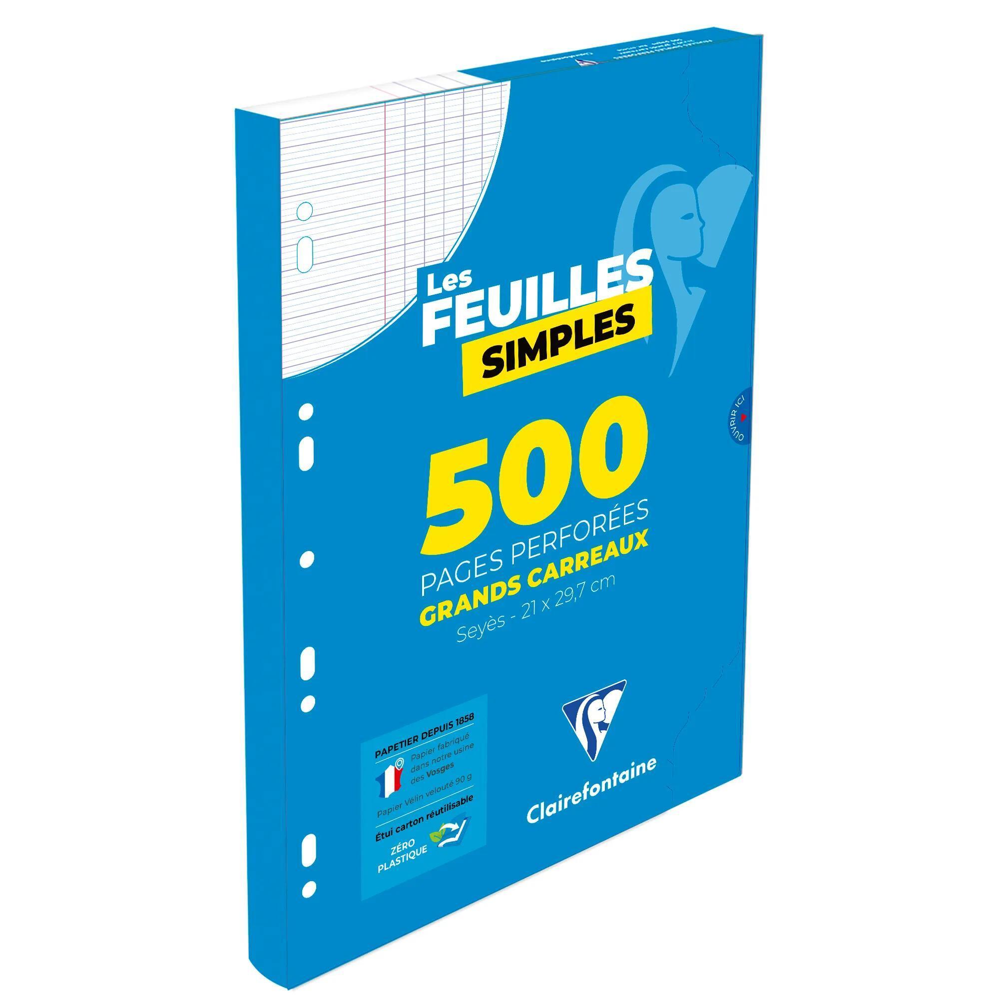 CLAIREFONTAINE Feuille simple grands carreaux - 500 pages perforées - Formats A4 sous étui