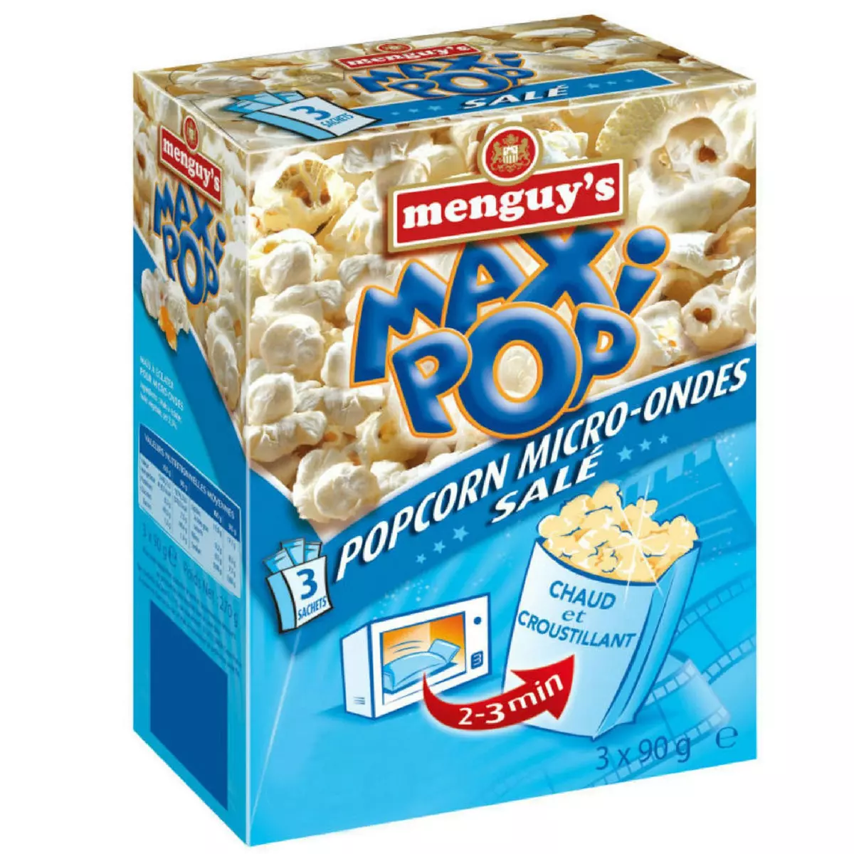 MENGUY'S Maxi pop corn goût salé micro-ondable 2-3 min sans OGM 3 sachets 3x90g