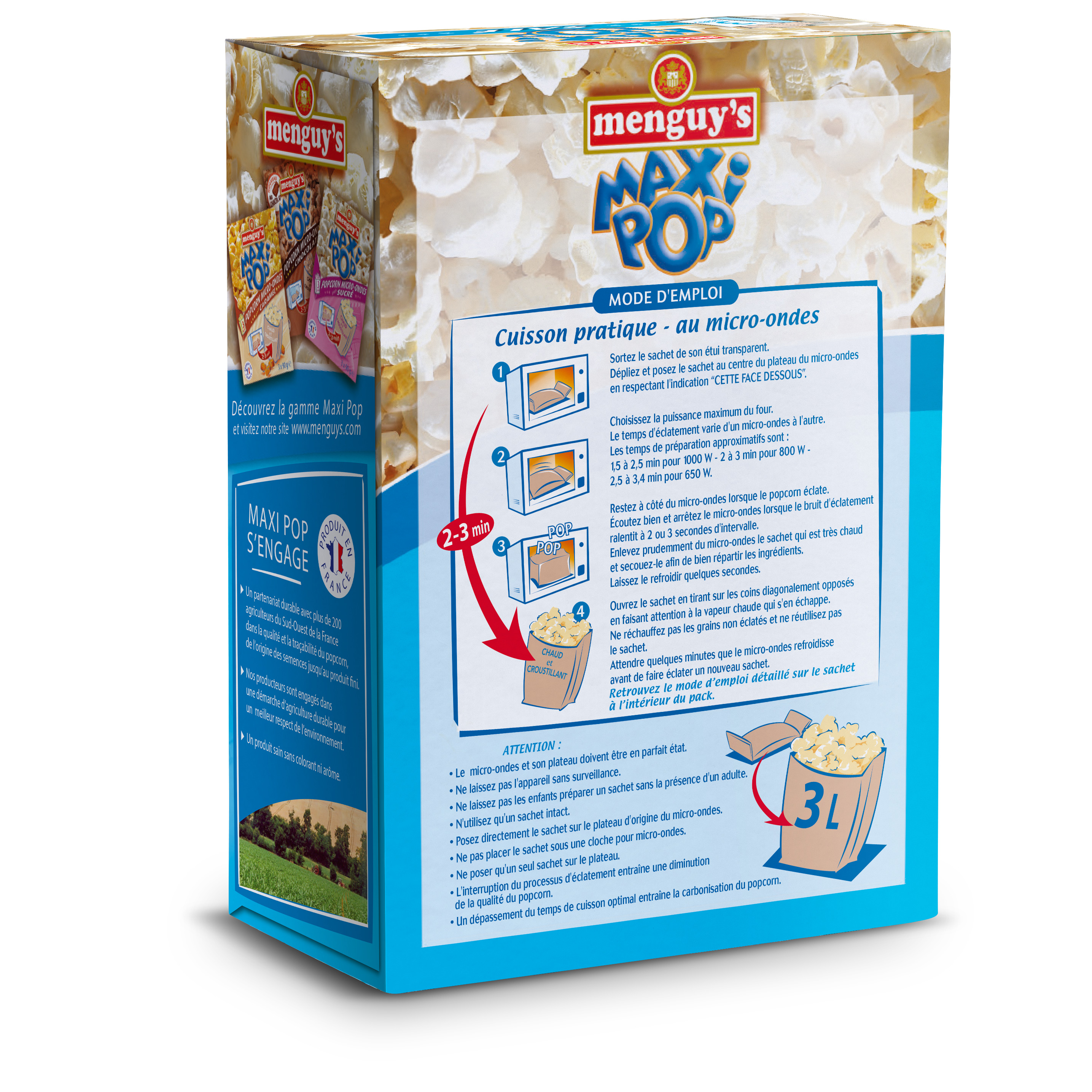 Voir la diapositive 2 : MENGUY'S Maxi pop corn goût salé micro-ondable 2-3 min sans OGM 3 sachets 3x90g