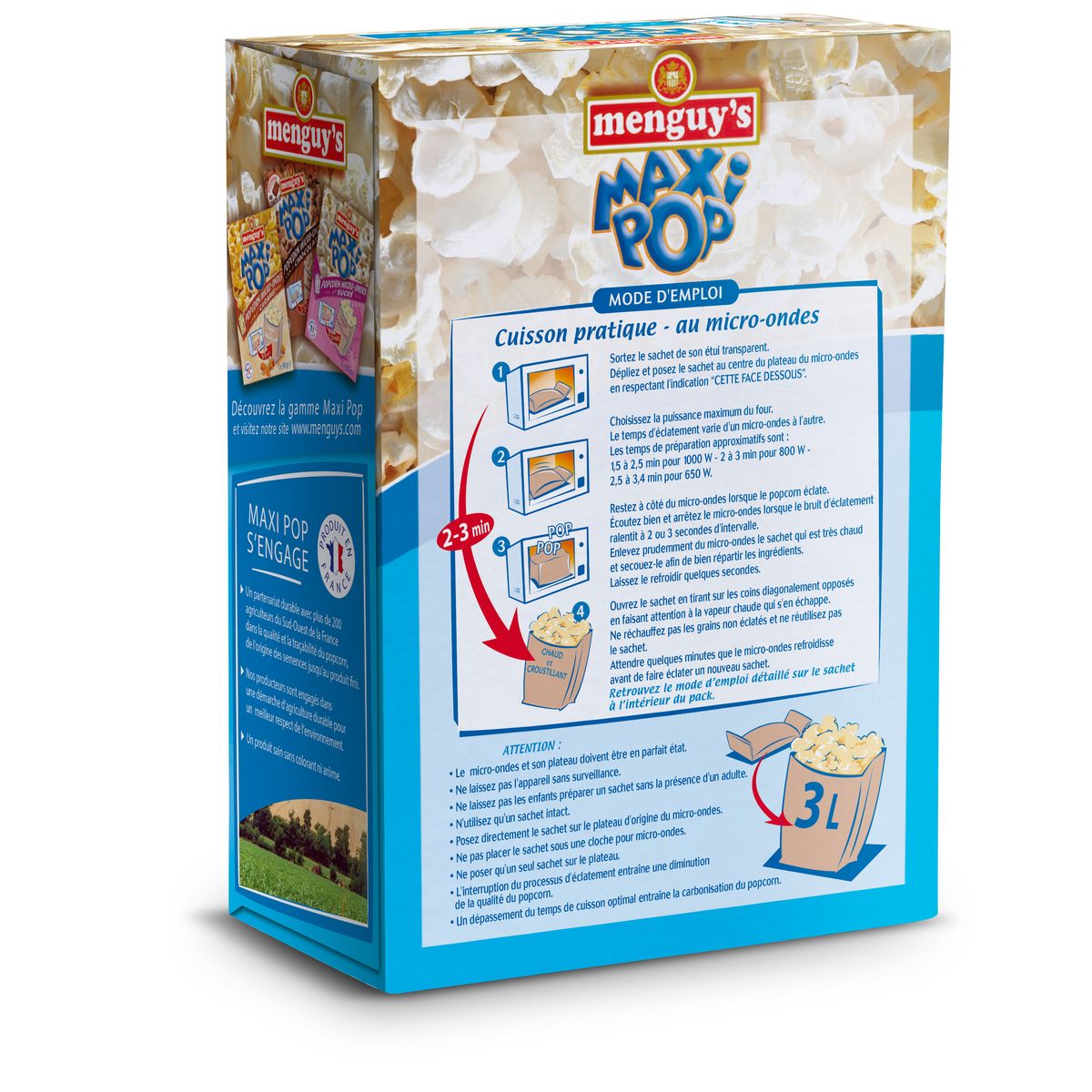 MENGUY'S Maxi pop corn goût salé micro-ondable 2-3 min sans OGM 3 sachets 3x90g