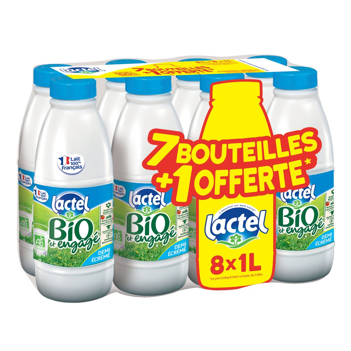 LACTEL Lait demi-écrémé bio stérilisé UHT 8x1l