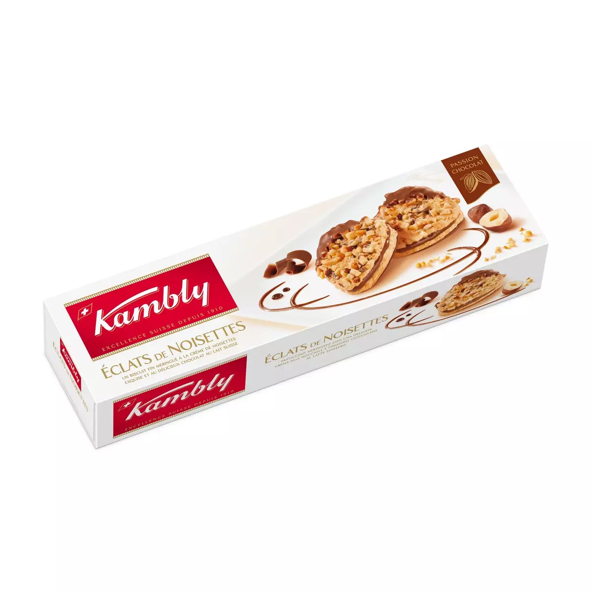 KAMBLY Eclats de noisettes biscuits fins meringués à la crème de noisettes et chocolat au lait Suisse 100g