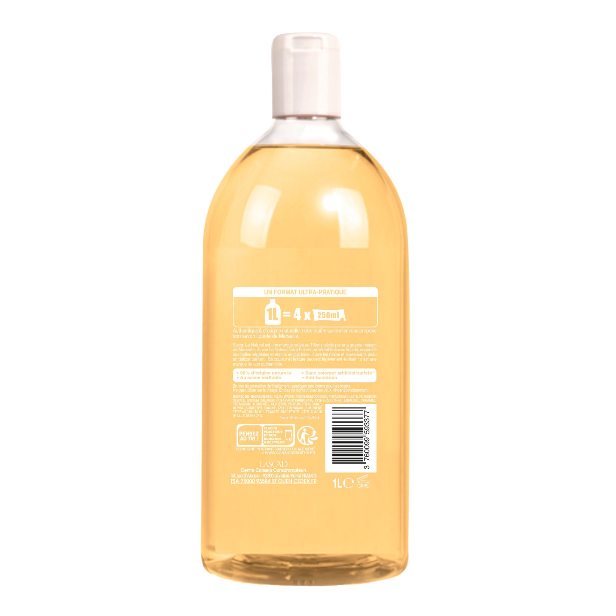 Voir la diapositive 2 : SAVON LE NATUREL Recharge savon liquide mains extra pur de Marseille 1l