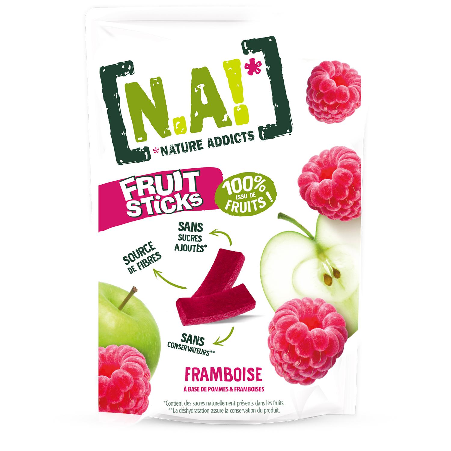 Voir la diapositive 2 : NATURE ADDICTS Fruit sticks framboises et pommes 40g