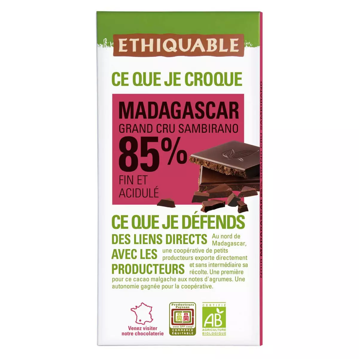 ETHIQUABLE Tablette de chocolat noir bio de Madagascar 85% 1 pièce
