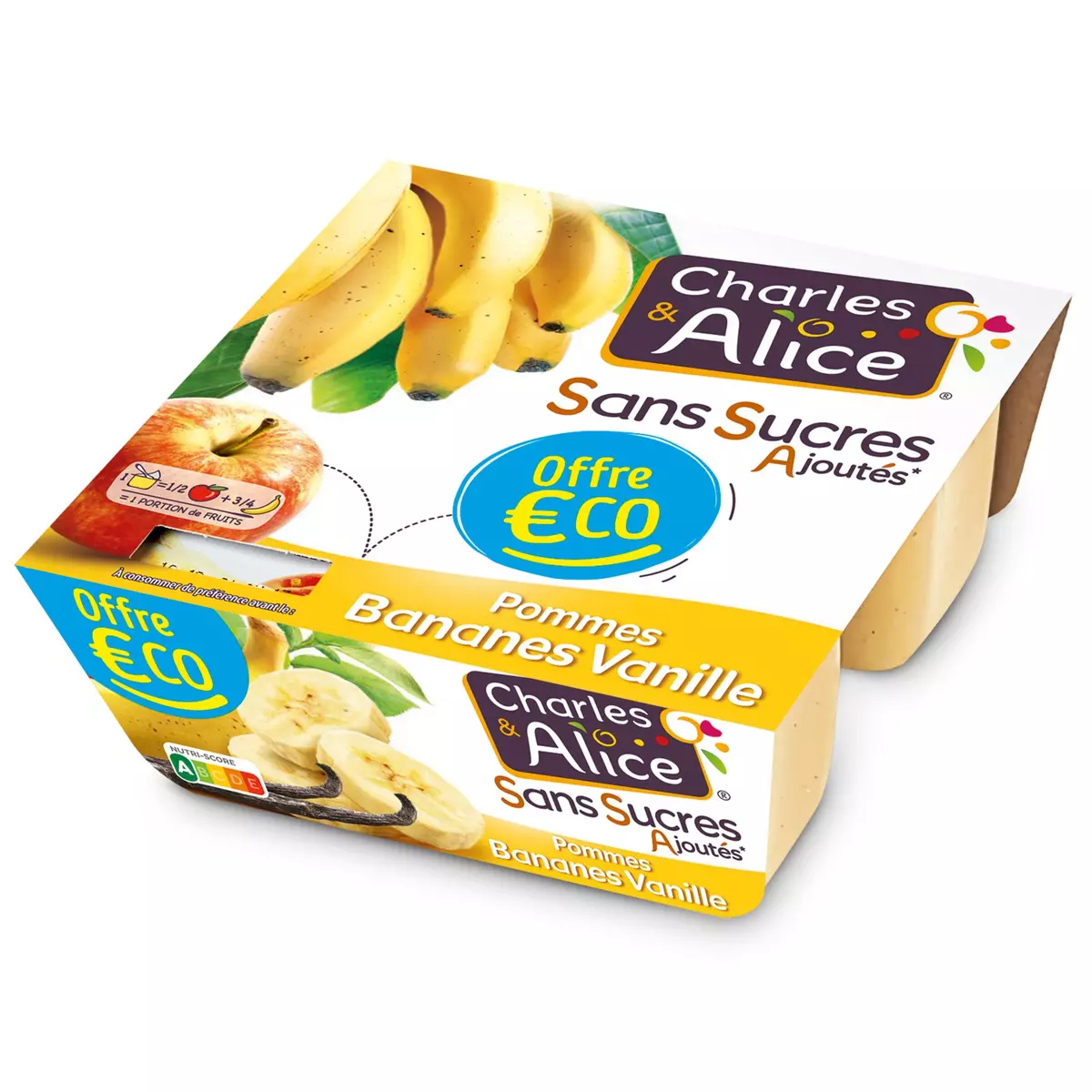 CHARLES & ALICE Spécialité pommes bananes vanille sans sucres ajoutés 4x97g