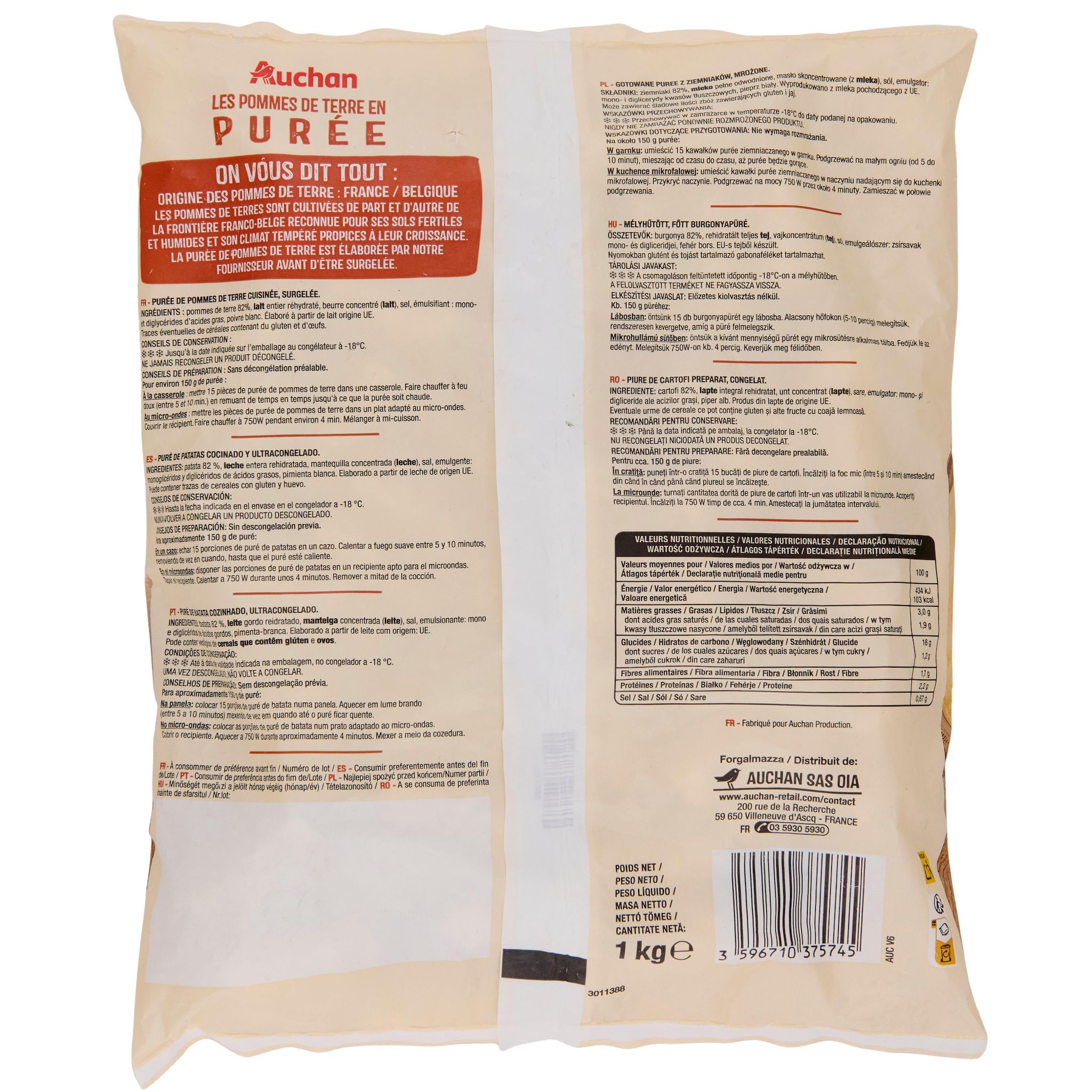 Voir la diapositive 2 : AUCHAN Purée cuisinée de pommes de terre 7 portions 1kg
