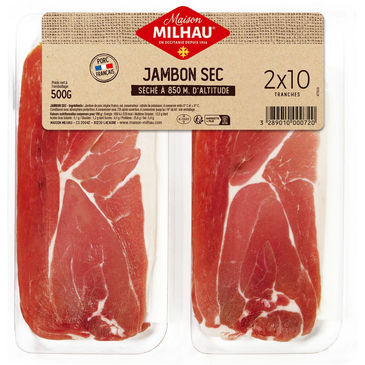MAISON MILHAU Jambon sec affiné 2 x 10 tranches 500g
