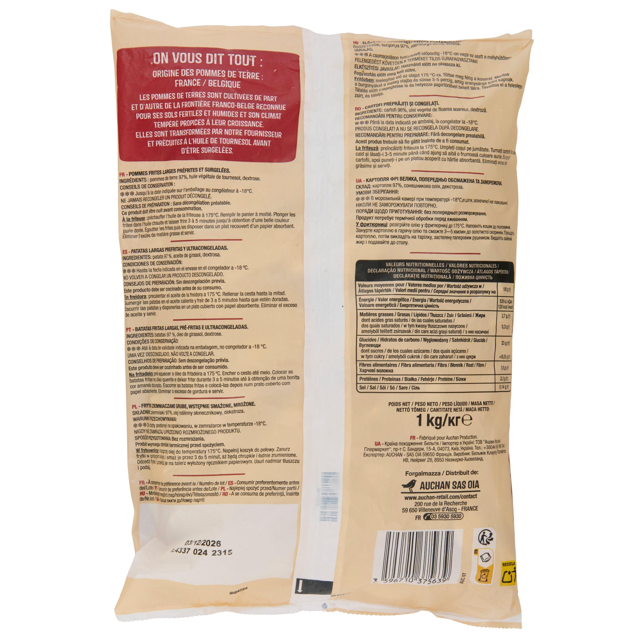 Voir la diapositive 3 : AUCHAN Frites extra larges 1kg