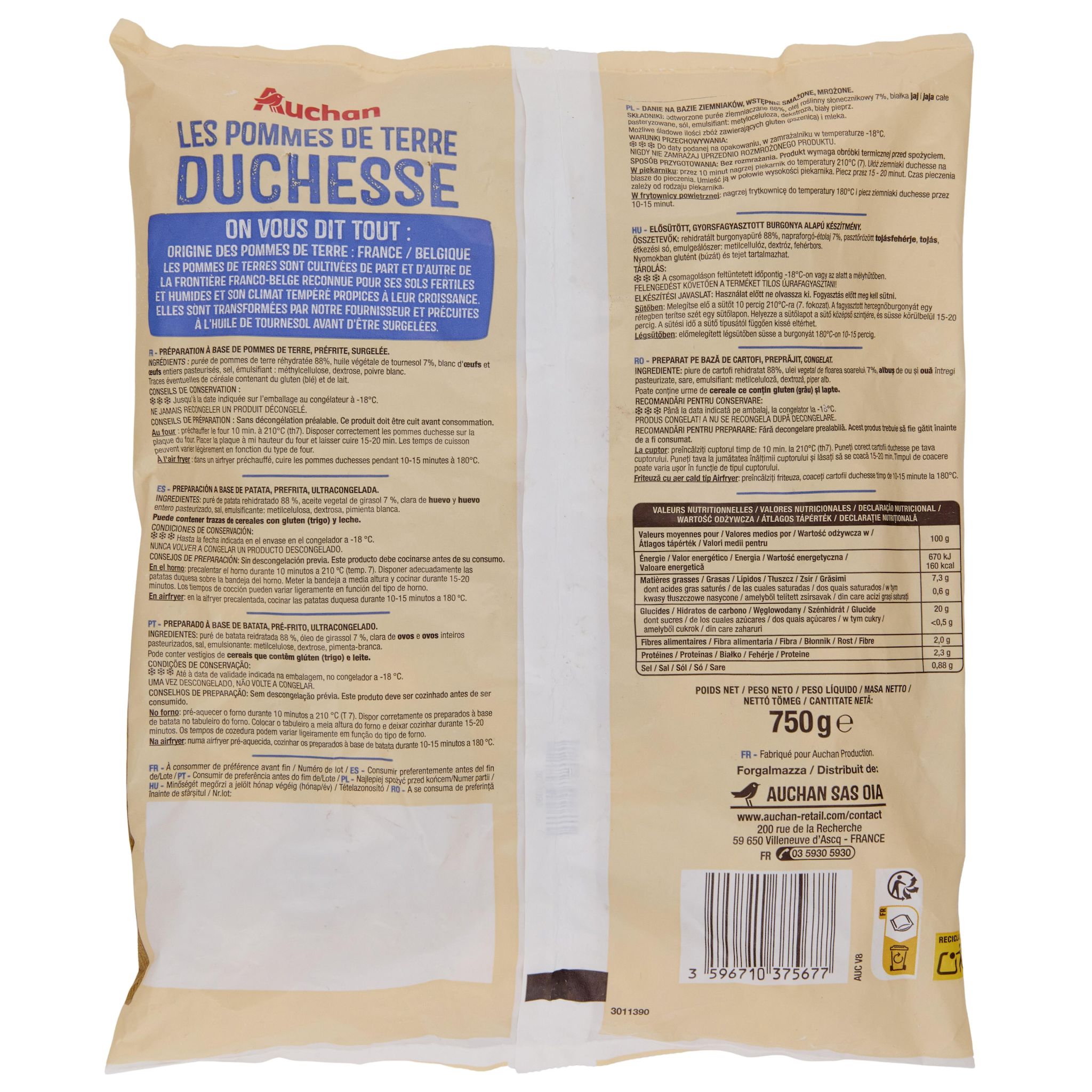 Voir la diapositive 3 : AUCHAN Pommes de terre duchesse 750g