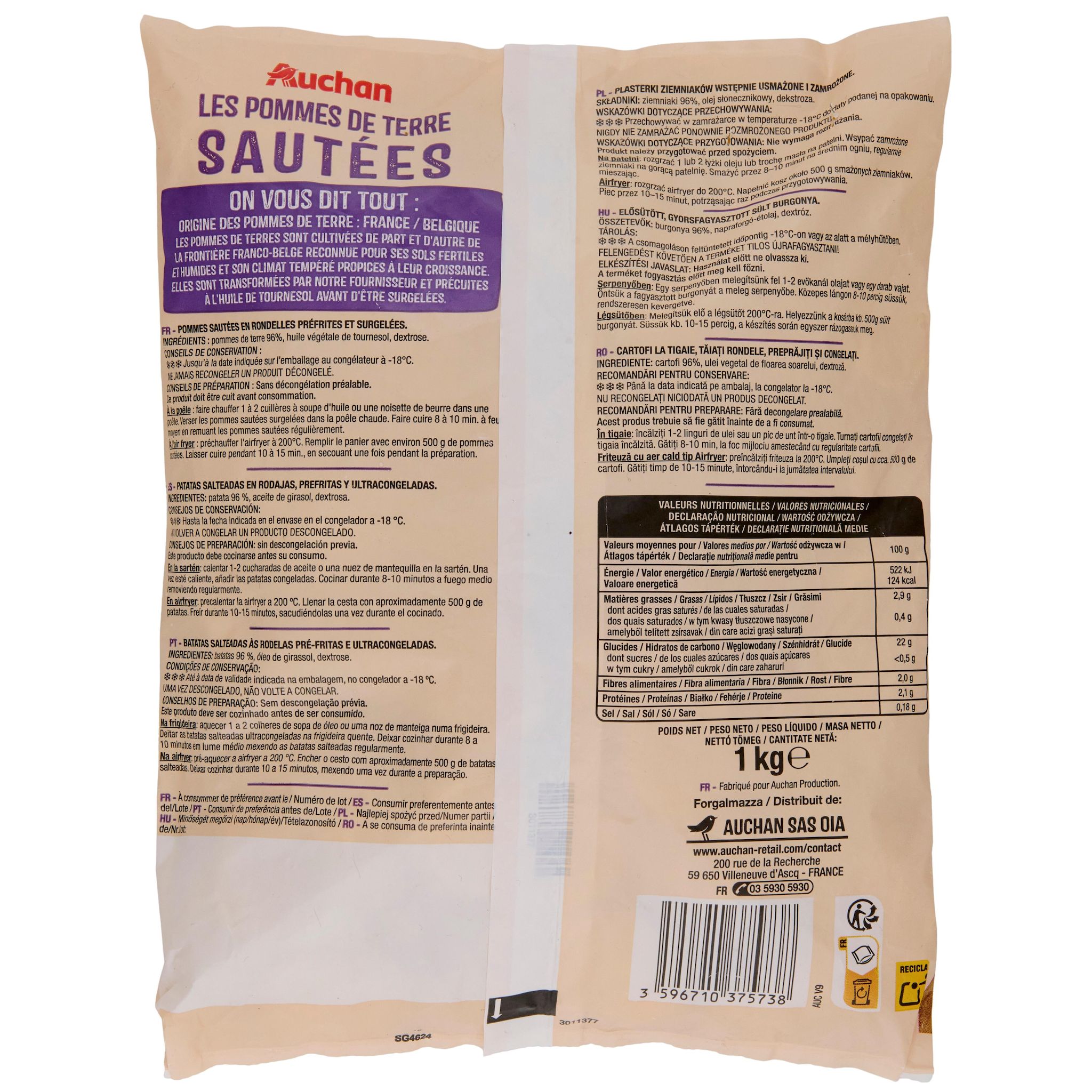 Voir la diapositive 2 : AUCHAN Pommes de terre sautées 1kg