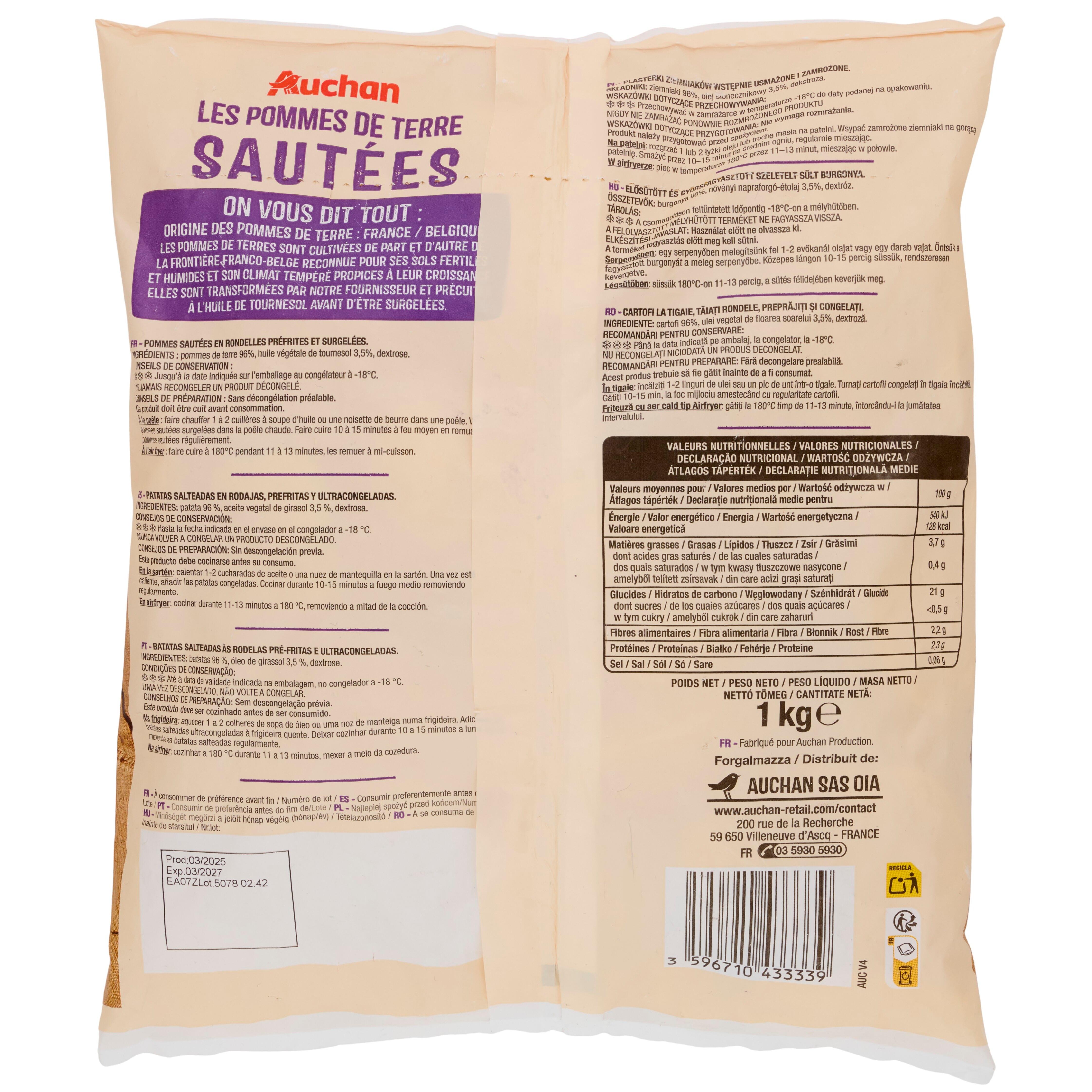 Voir la diapositive 3 : AUCHAN Pommes de terre sautées 1kg