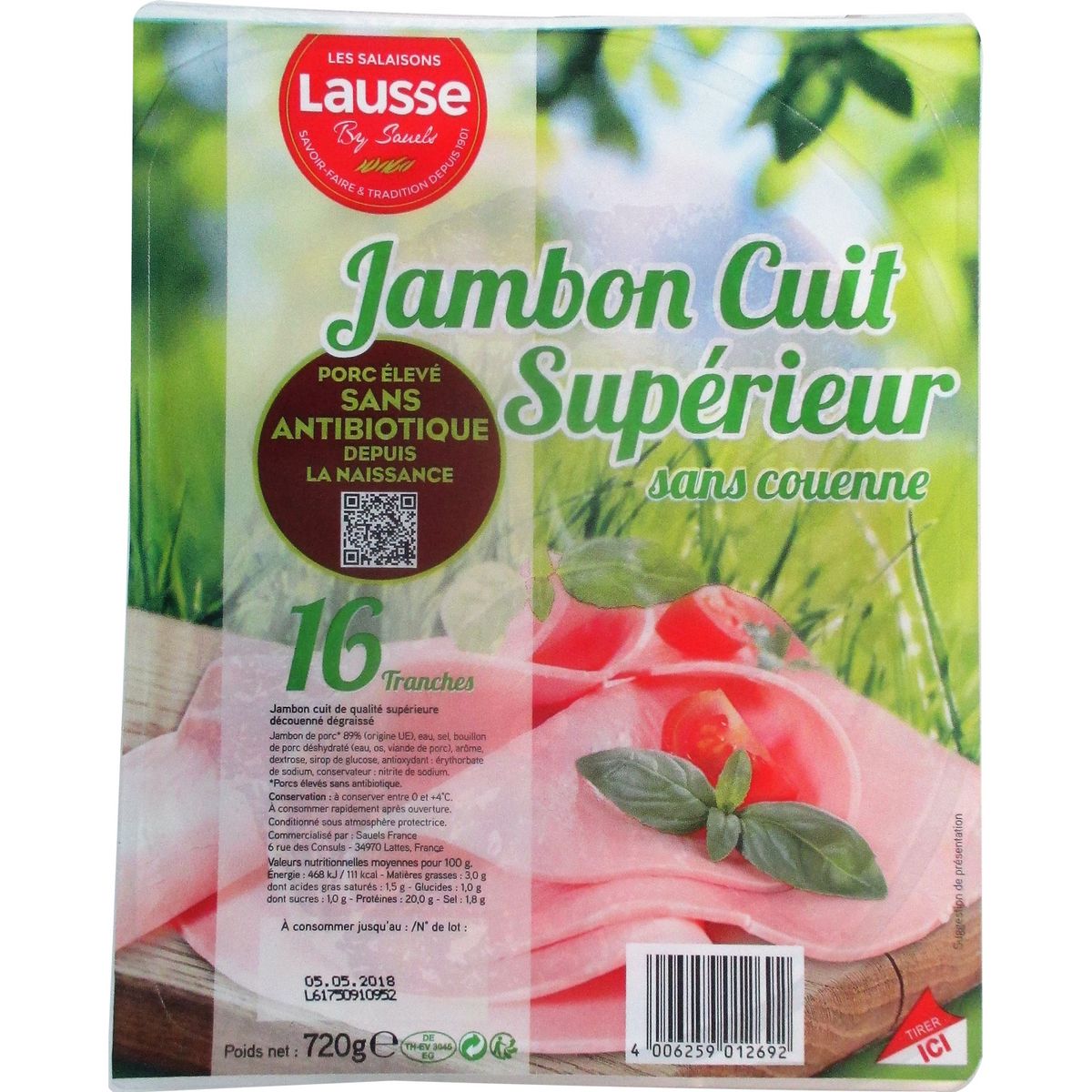 LES SALAISONS LAUSSE Jambon cuit dégraissé sans couenne 16 tranches 720g