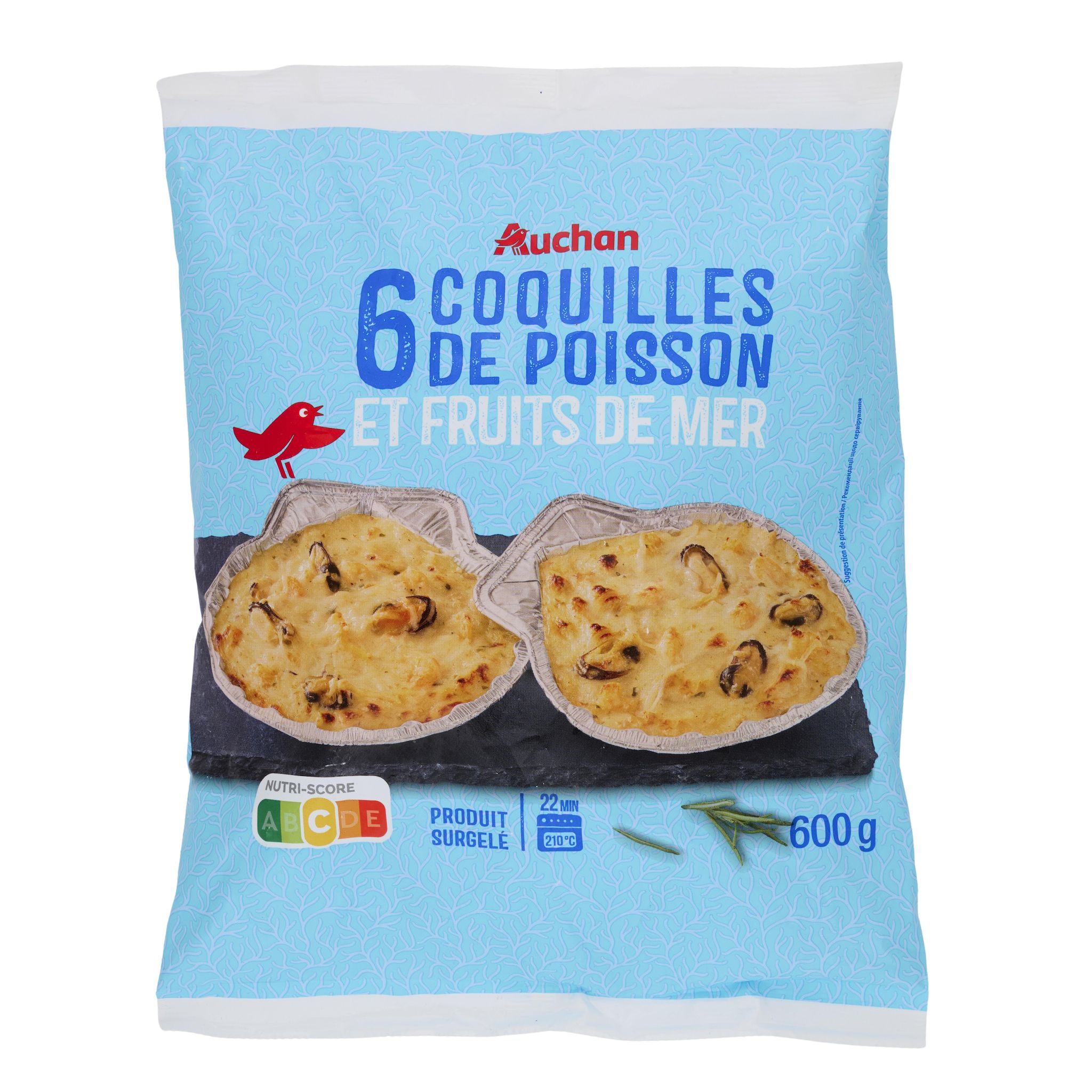 Voir la diapositive 2 : AUCHAN Coquilles de poisson et fruits de mer 6 pièces 600g