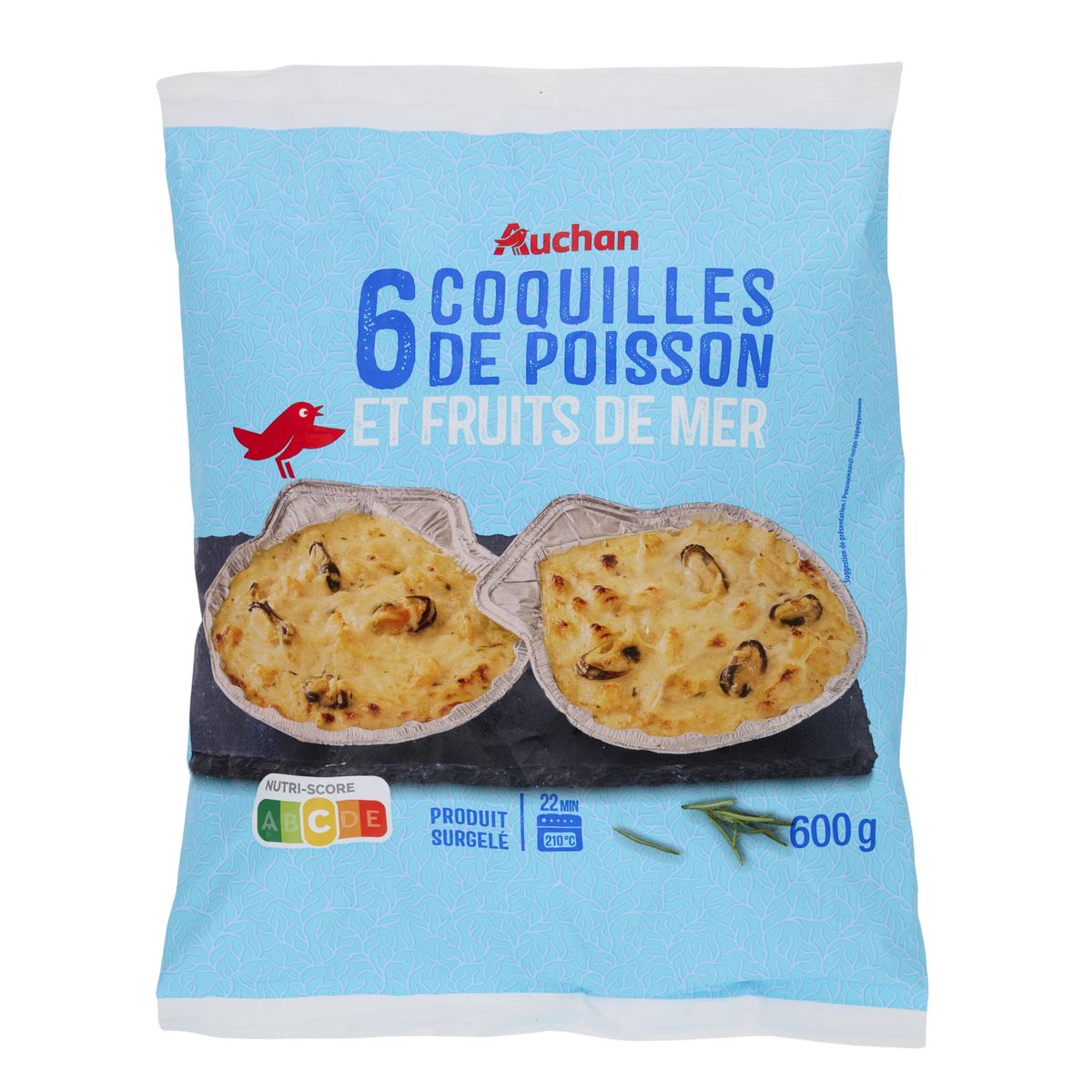 AUCHAN Coquilles de poisson et fruits de mer 6 pièces 600g