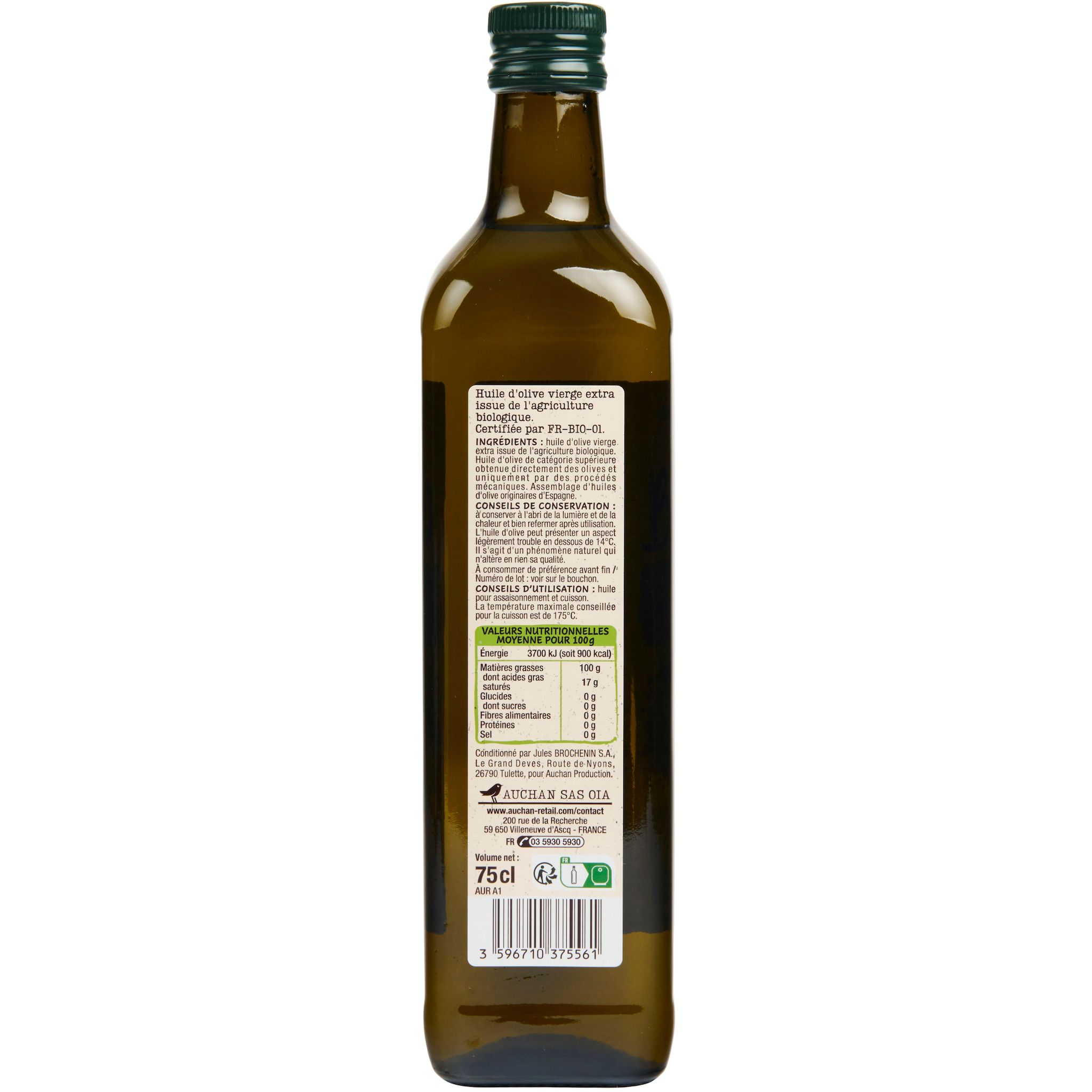 Voir la diapositive 2 : AUCHAN BIO Huile d'olive vierge extra extraite à froid 75cl