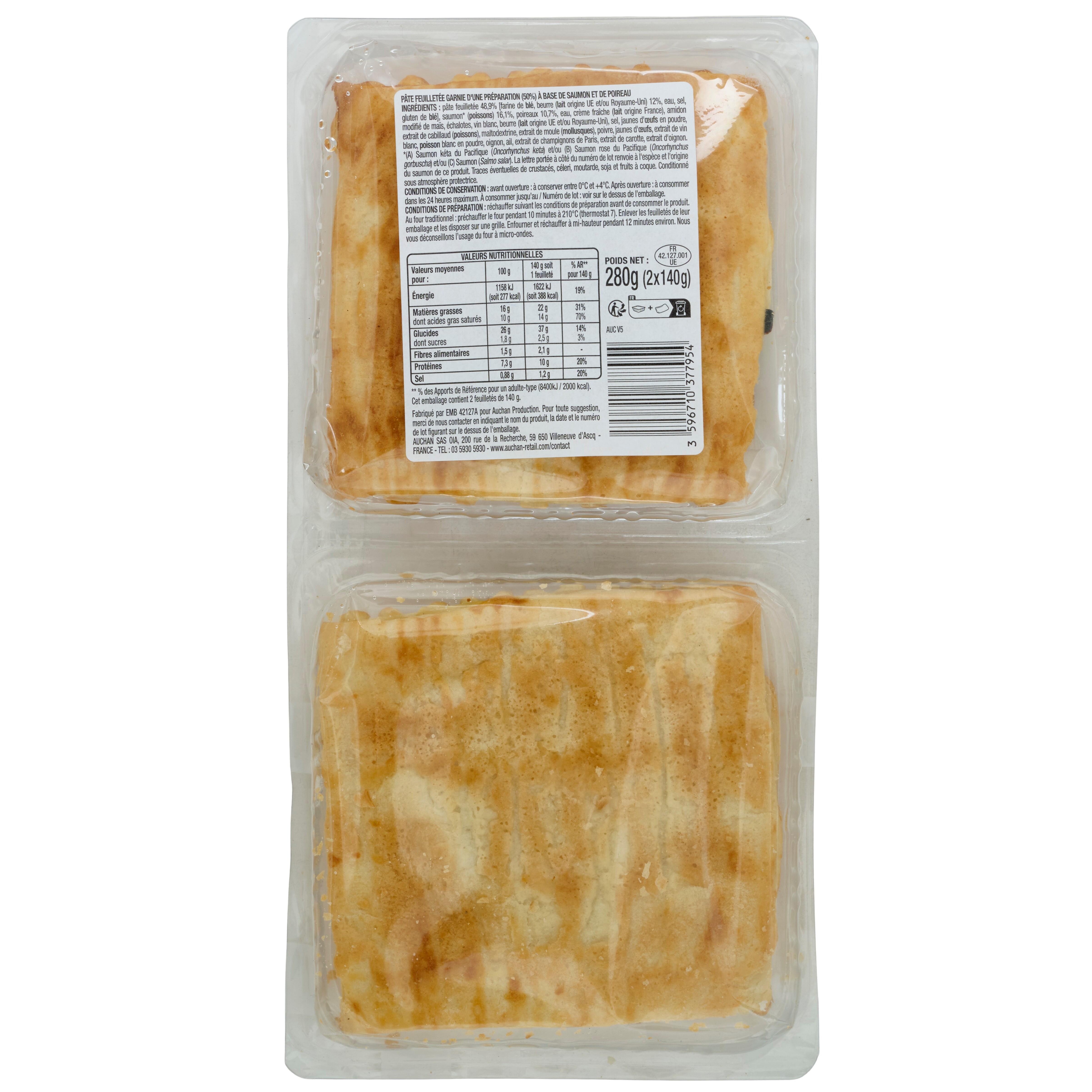 Voir la diapositive 3 : AUCHAN Feuilletés de saumon et poireaux 2 pièces 280g