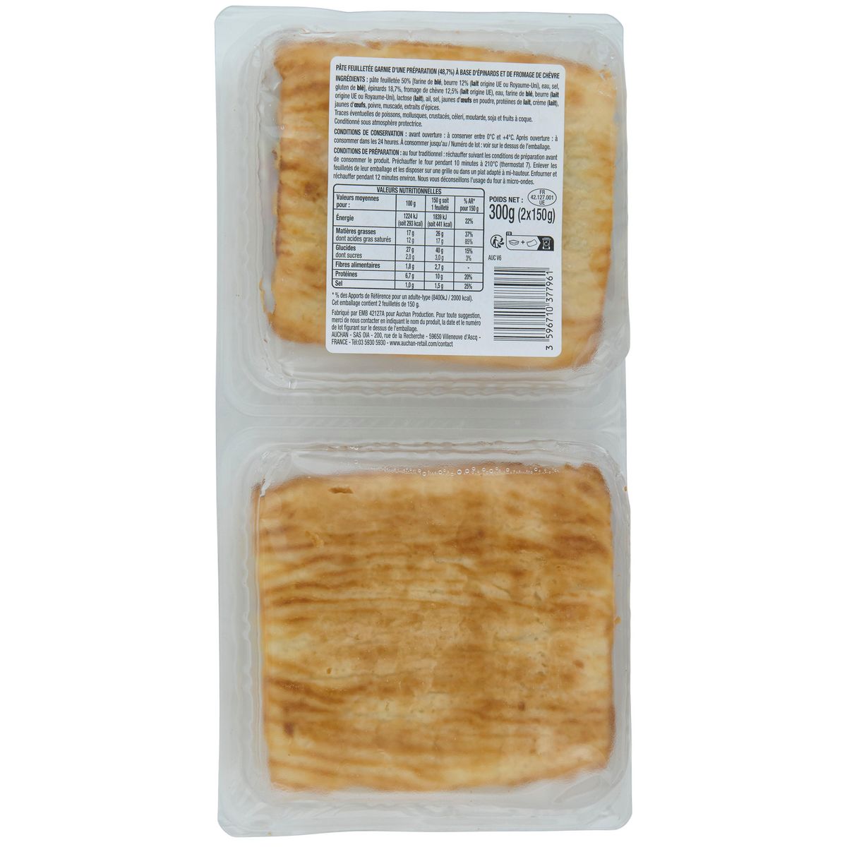 AUCHAN Feuillets au chèvre et épinards 2 pièces 300g