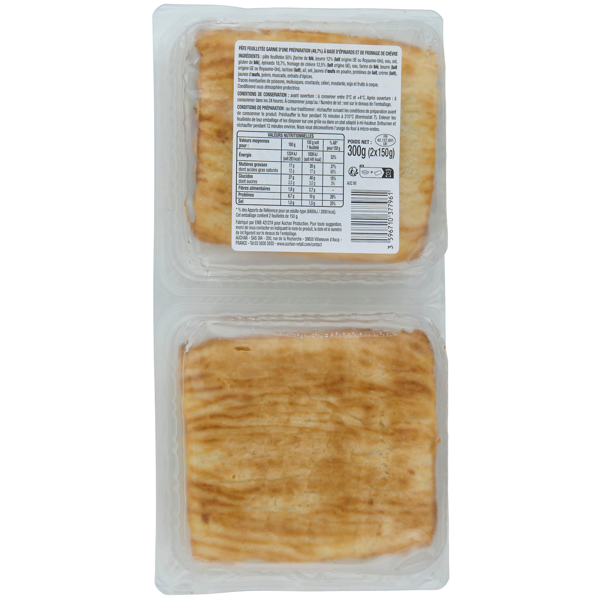 Voir la diapositive 3 : AUCHAN Feuillets au chèvre et épinards 2 pièces 300g