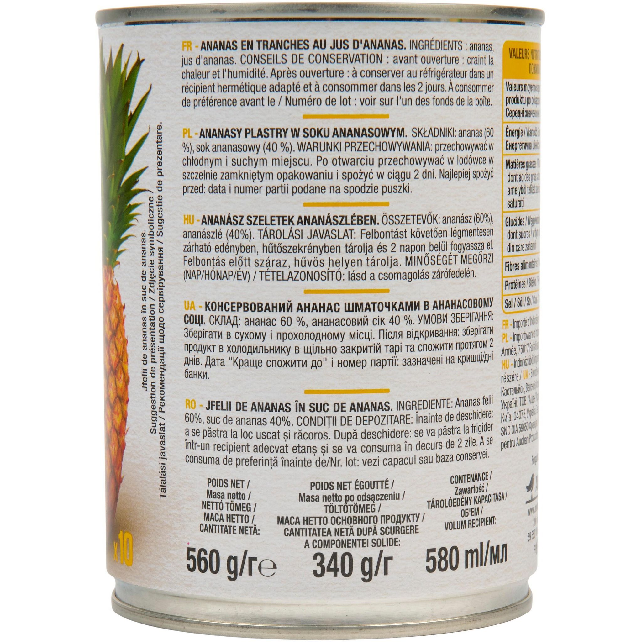 Voir la diapositive 3 : AUCHAN Ananas en tranches au jus 340g