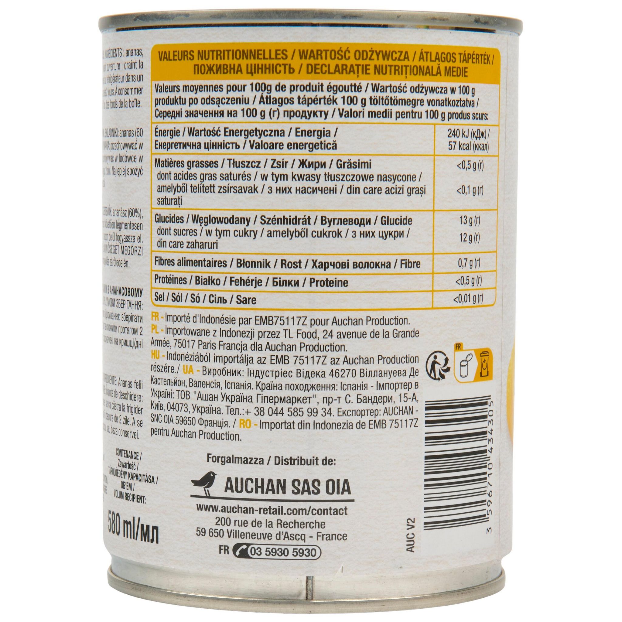 Voir la diapositive 4 : AUCHAN Ananas en tranches au jus 340g