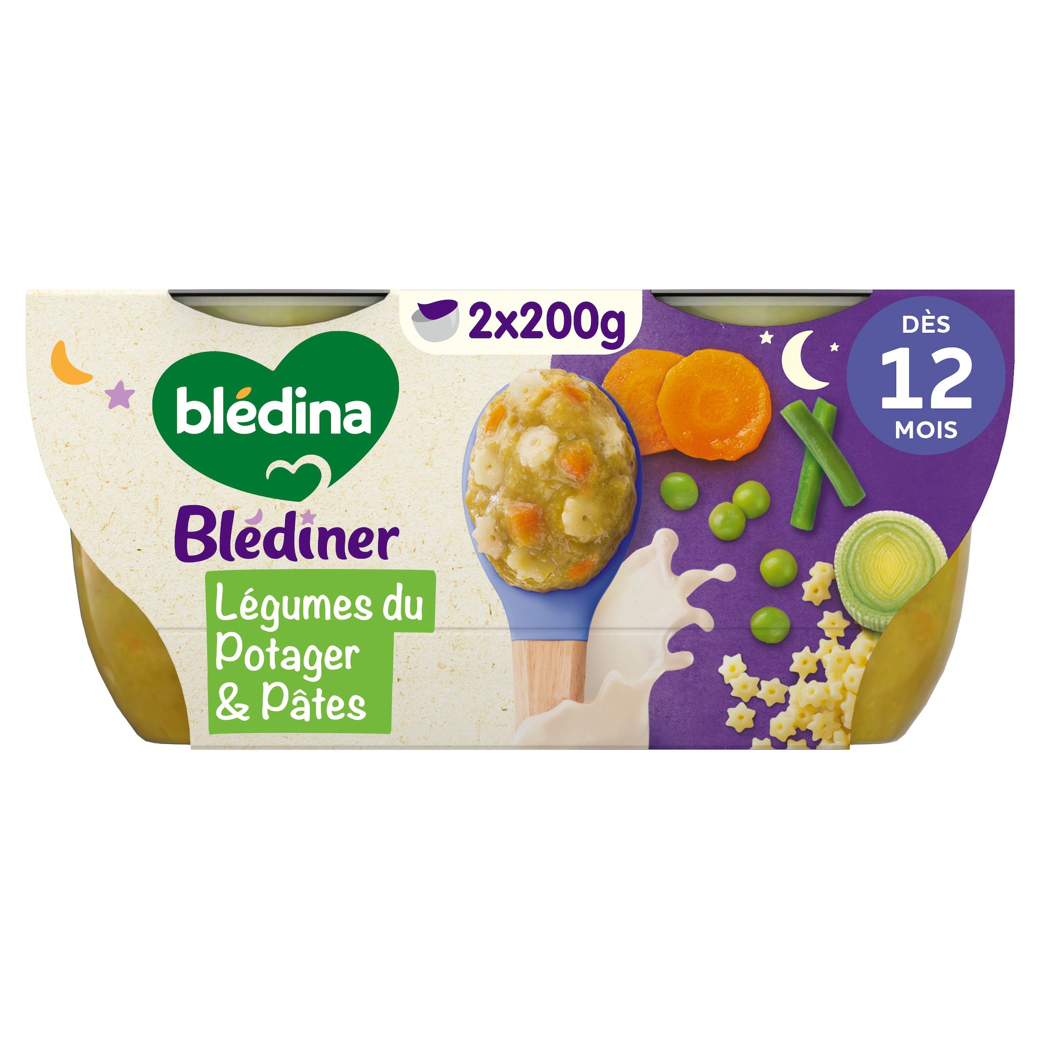 Voir la diapositive 2 : BLEDINER Bol légumes du potager pâtes étoiles dès 12 mois 2x200g