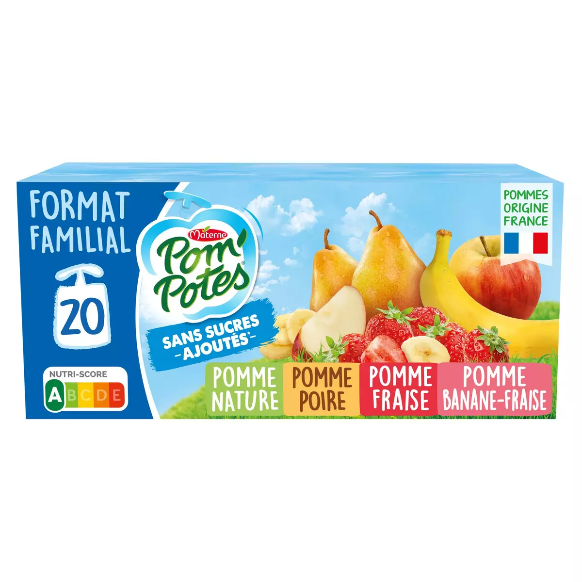 POM'POTES Gourdes compote pomme poire fraise banane sans sucres ajoutés  20x90g pas cher 