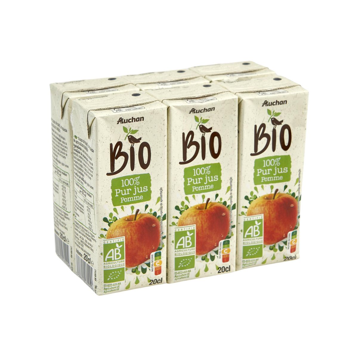 AUCHAN BIO Pur jus de pommes bio briquettes 6x20cl