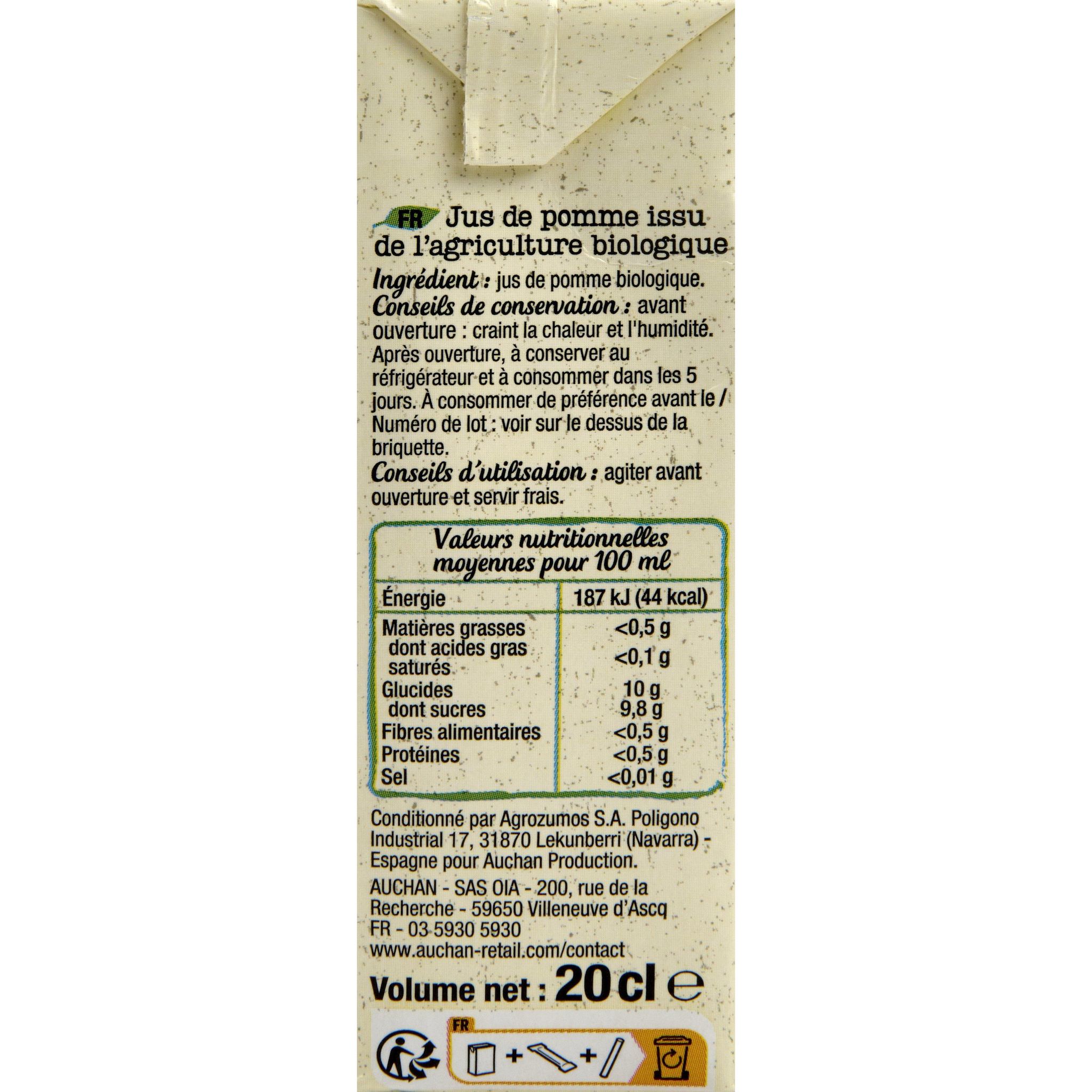 Voir la diapositive 2 : AUCHAN BIO Pur jus de pommes bio briquettes 6x20cl