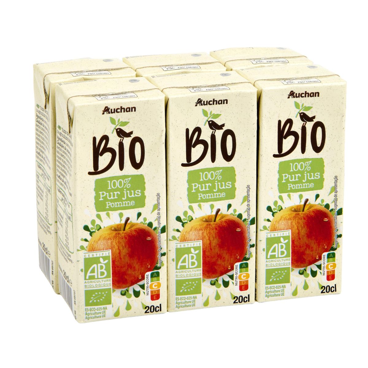AUCHAN BIO Pur jus de pommes bio briquettes 6x20cl