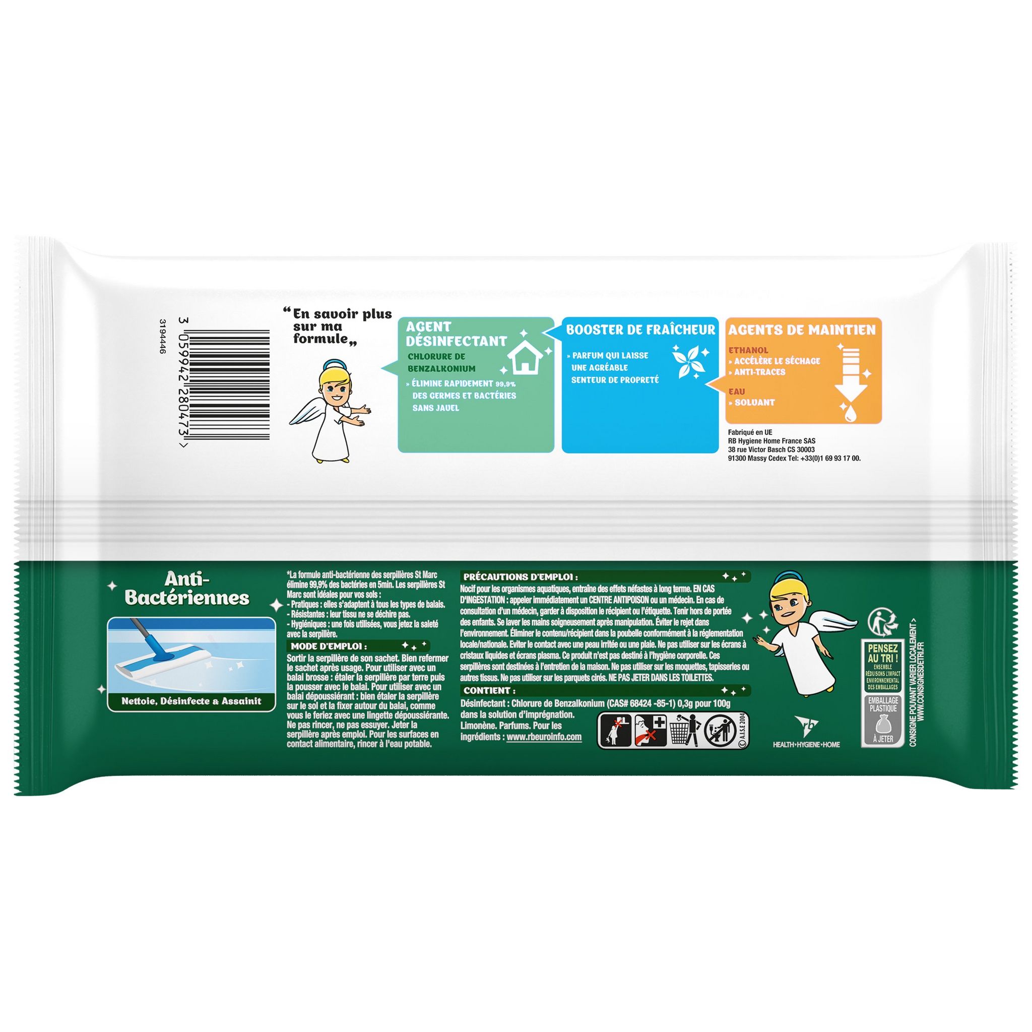 Voir la diapositive 2 : ST MARC Serpillières jetables désinfectantes anti-bactériennes 20 serpillières