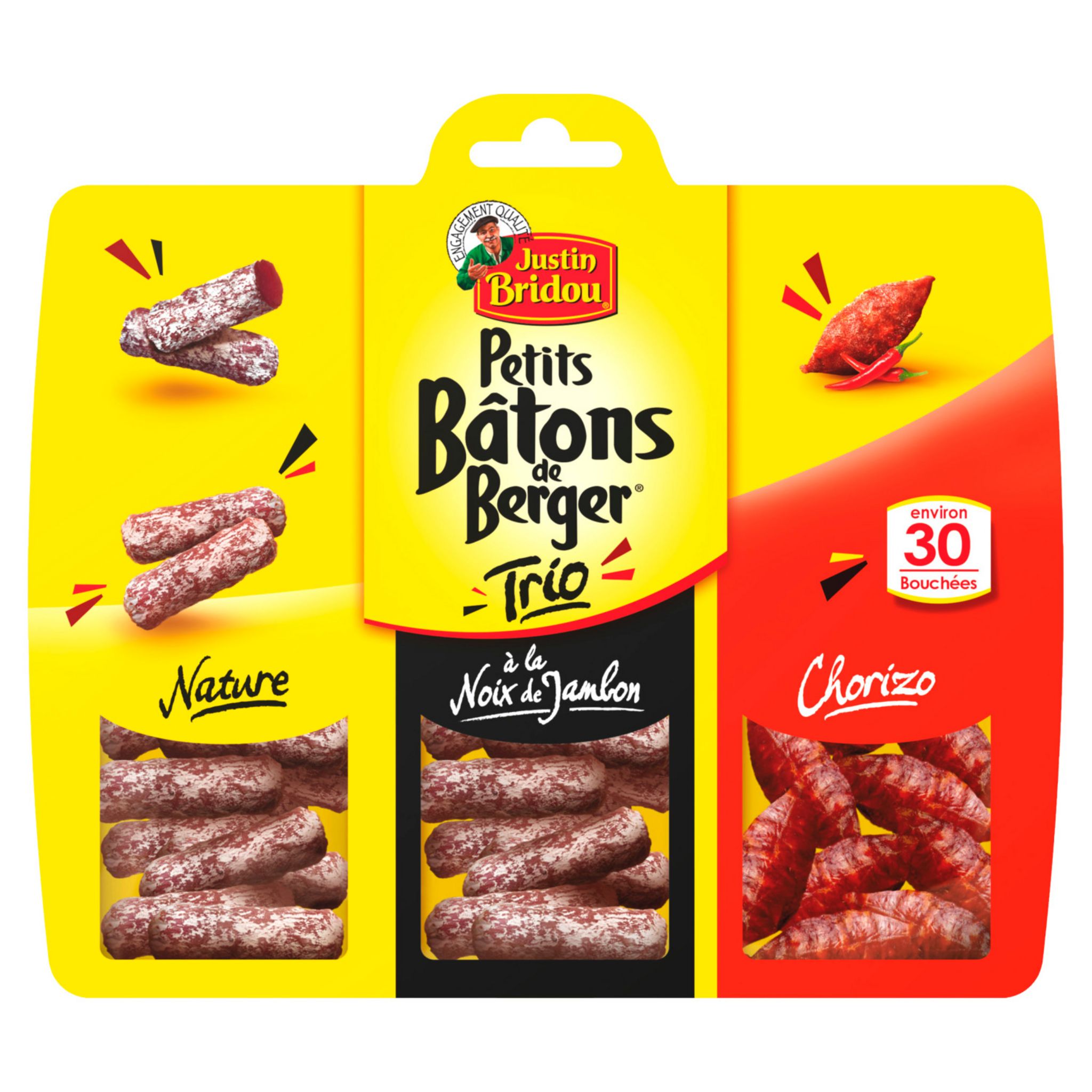 JUSTIN BRIDOU Trio de petits bâtons de Berger saucissons Nature, Noix et Chorizo 30 pièces 160g