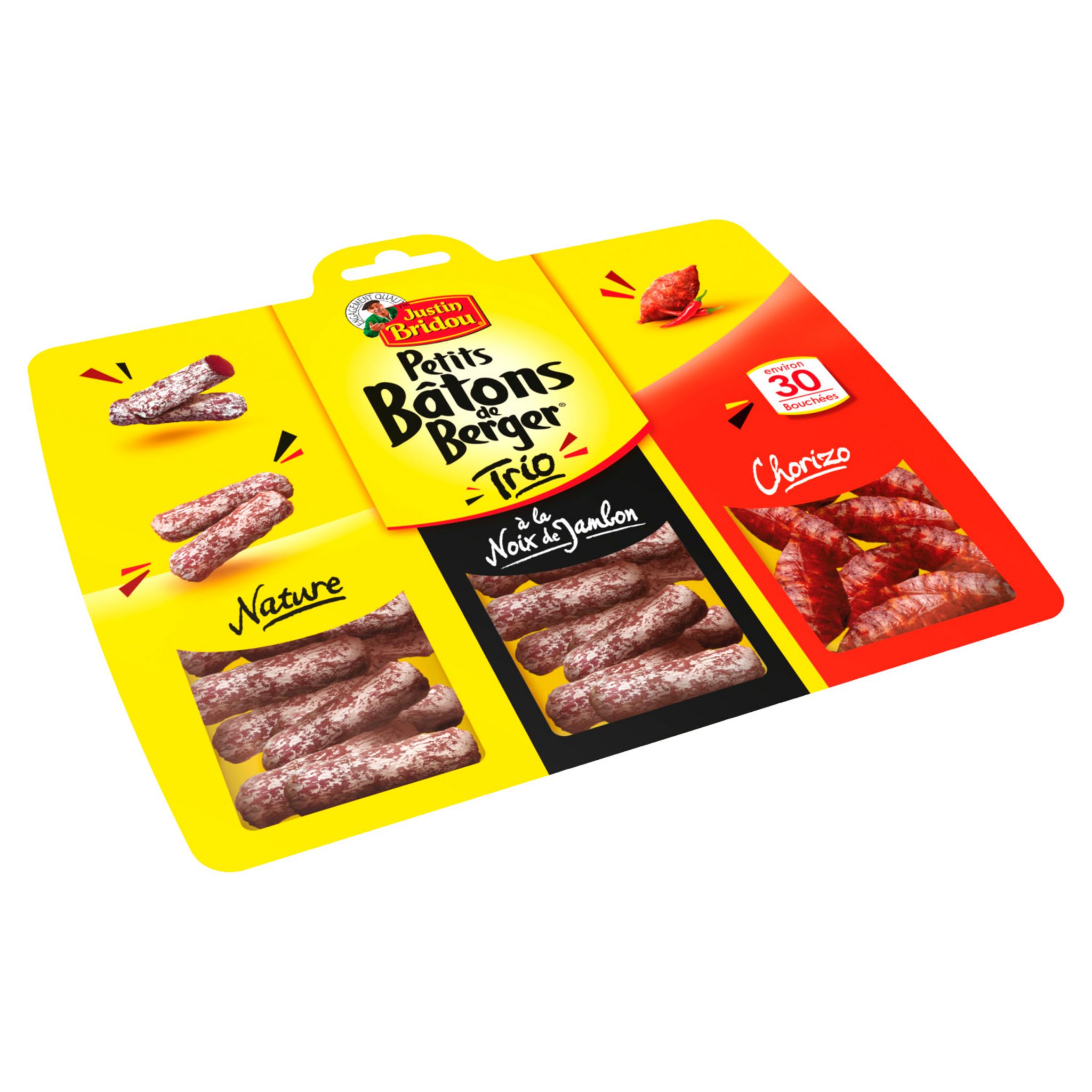 Voir la diapositive 2 : JUSTIN BRIDOU Trio de petits bâtons de Berger saucissons Nature, Noix et Chorizo 30 pièces 160g