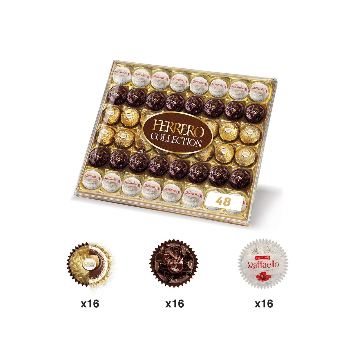 FERRERO Collection Assortiment de rochers au chocolat au lait et noisettes noix de coco et amandes et chocolat noir 48 pièces 518g