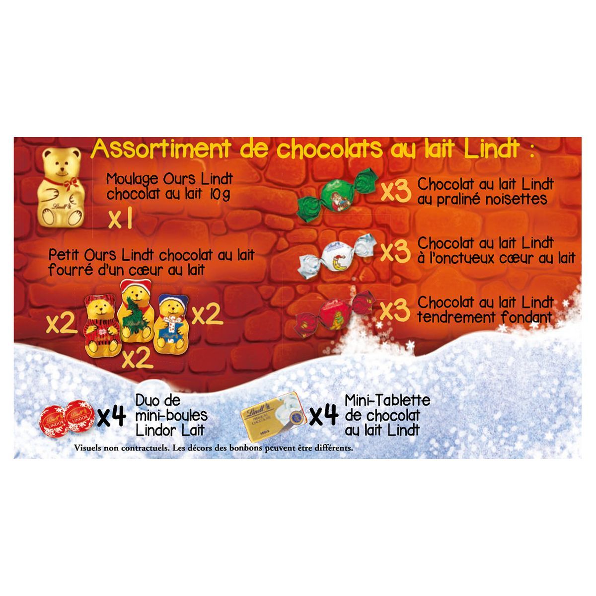 LINDT Calendrier de l'Avent assortiment de bouchées de chocolats au lait, fourrées 172g