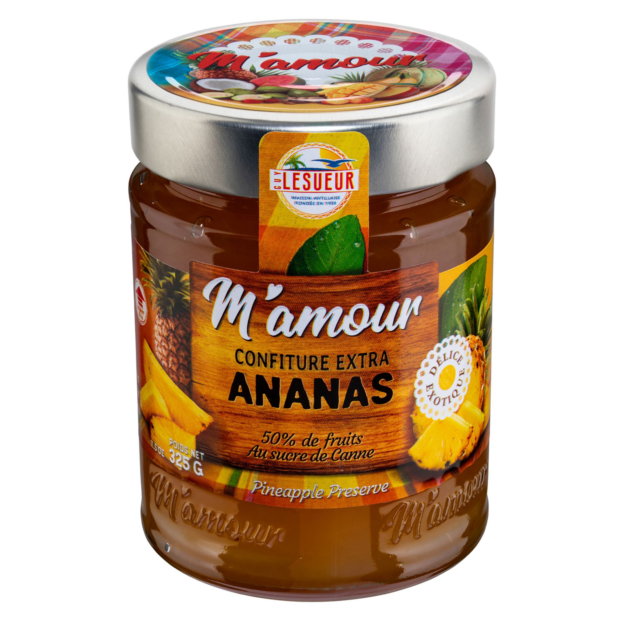 M'AMOUR Confiture ananas 50% de fruits au sucre de canne en bocal 325g