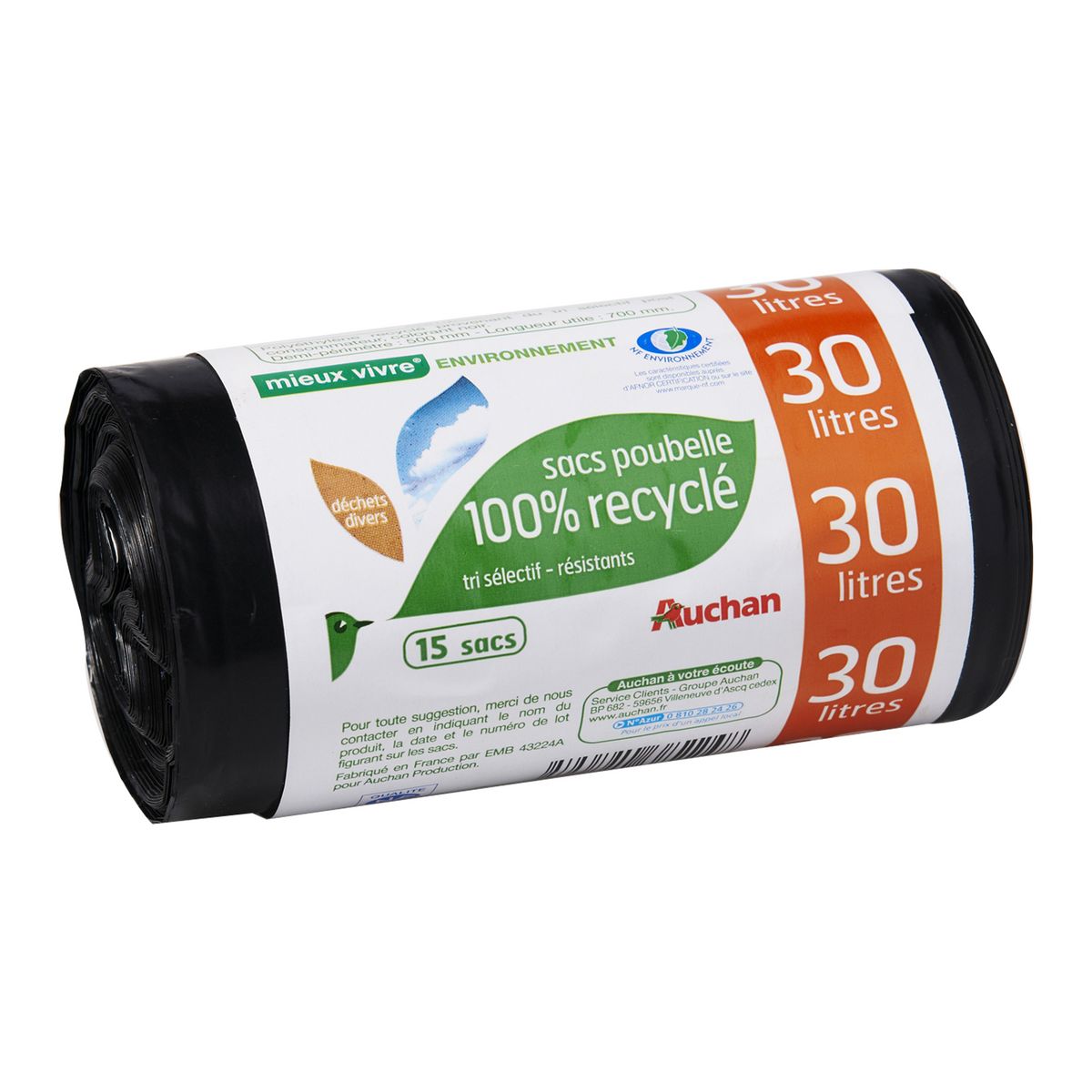 AUCHAN MIEUX VIVRE Sacs poubelle 100% recyclé liens détachables 30l 15 sacs