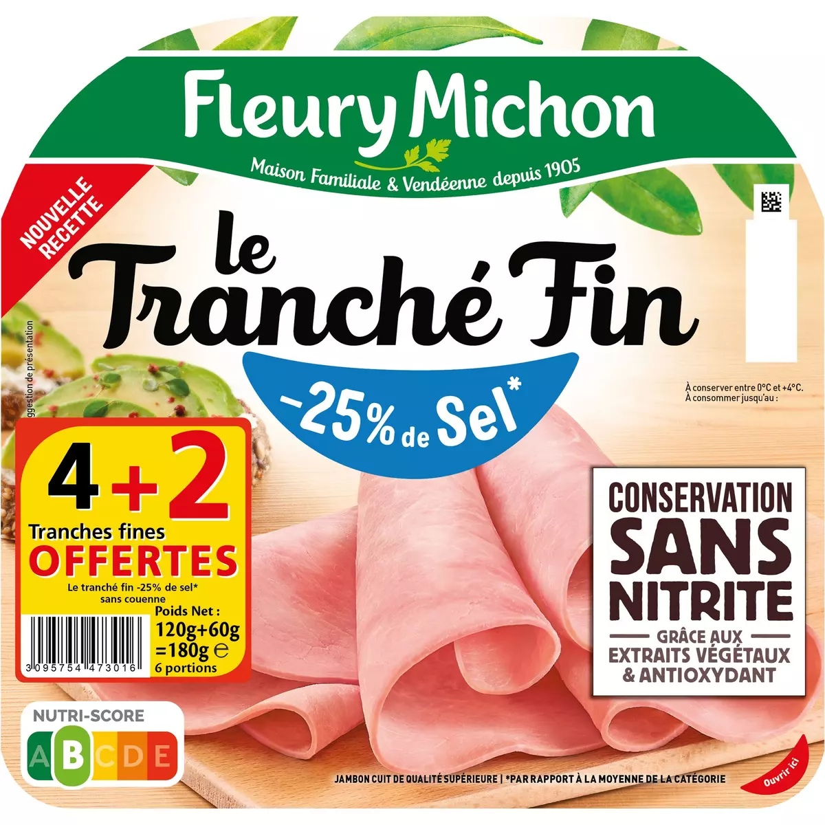 FLEURY MICHON Jambon tranché fin réduit en sel sans nitrite 4 tranches + 2 offertes 180g