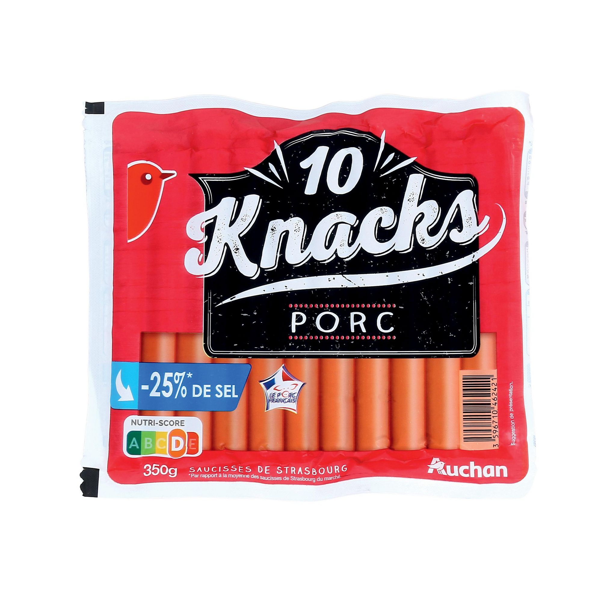 Voir la diapositive 2 : AUCHAN Knacks au porc réduit en sel 10 pièces 350g