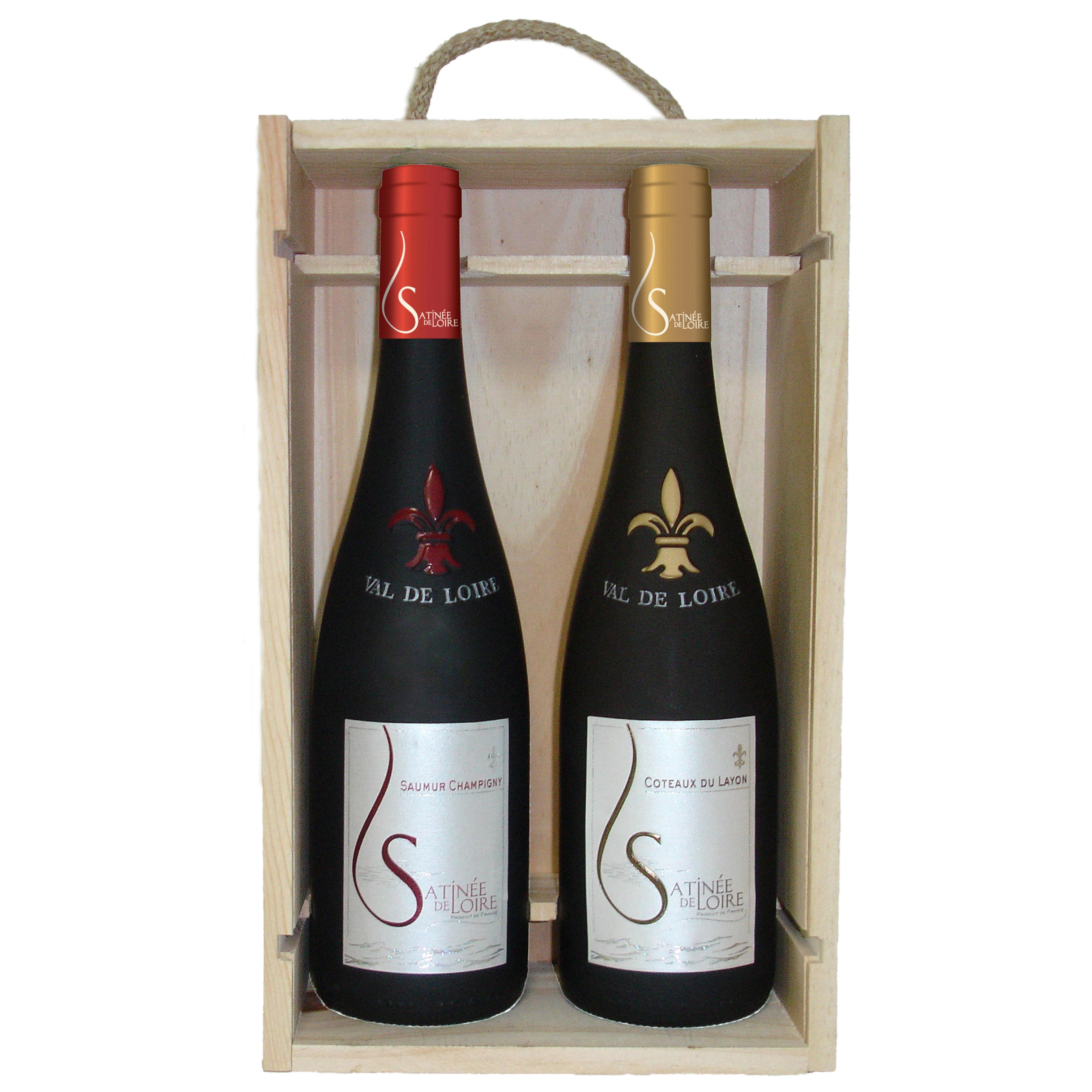 Voir la diapositive 2 : Coffret bois AOP Coteau du Layon et Saumur Champigny Satinée de Loire rouge 2x75cl