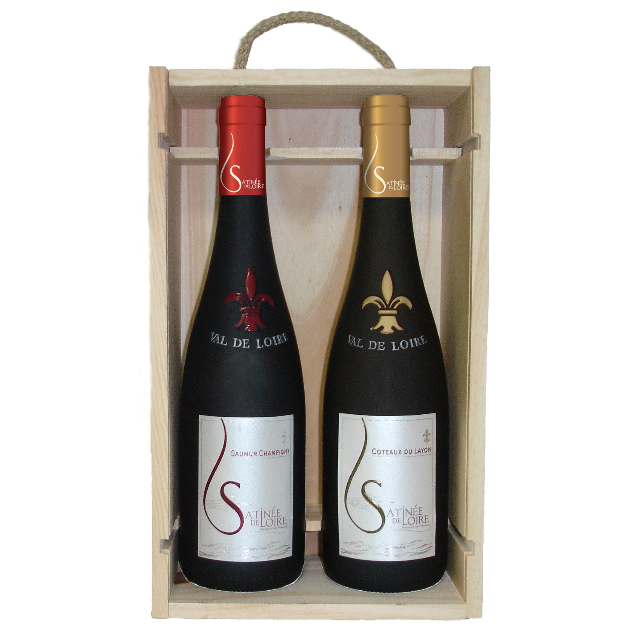 Voir la diapositive 2 : Coffret bois AOP Coteau du Layon et Saumur Champigny Satinée de Loire rouge 2x75cl