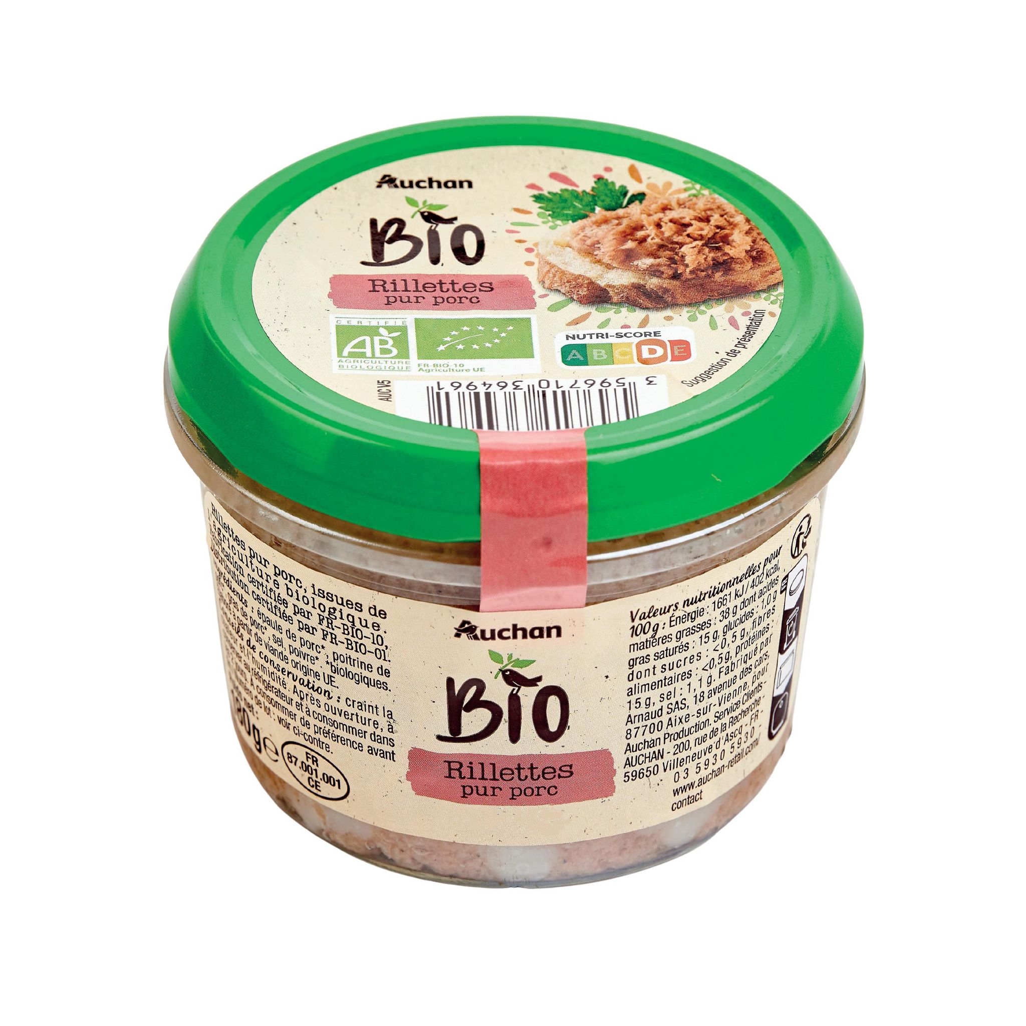 Voir la diapositive 2 : AUCHAN BIO Rillettes pur porc 180g