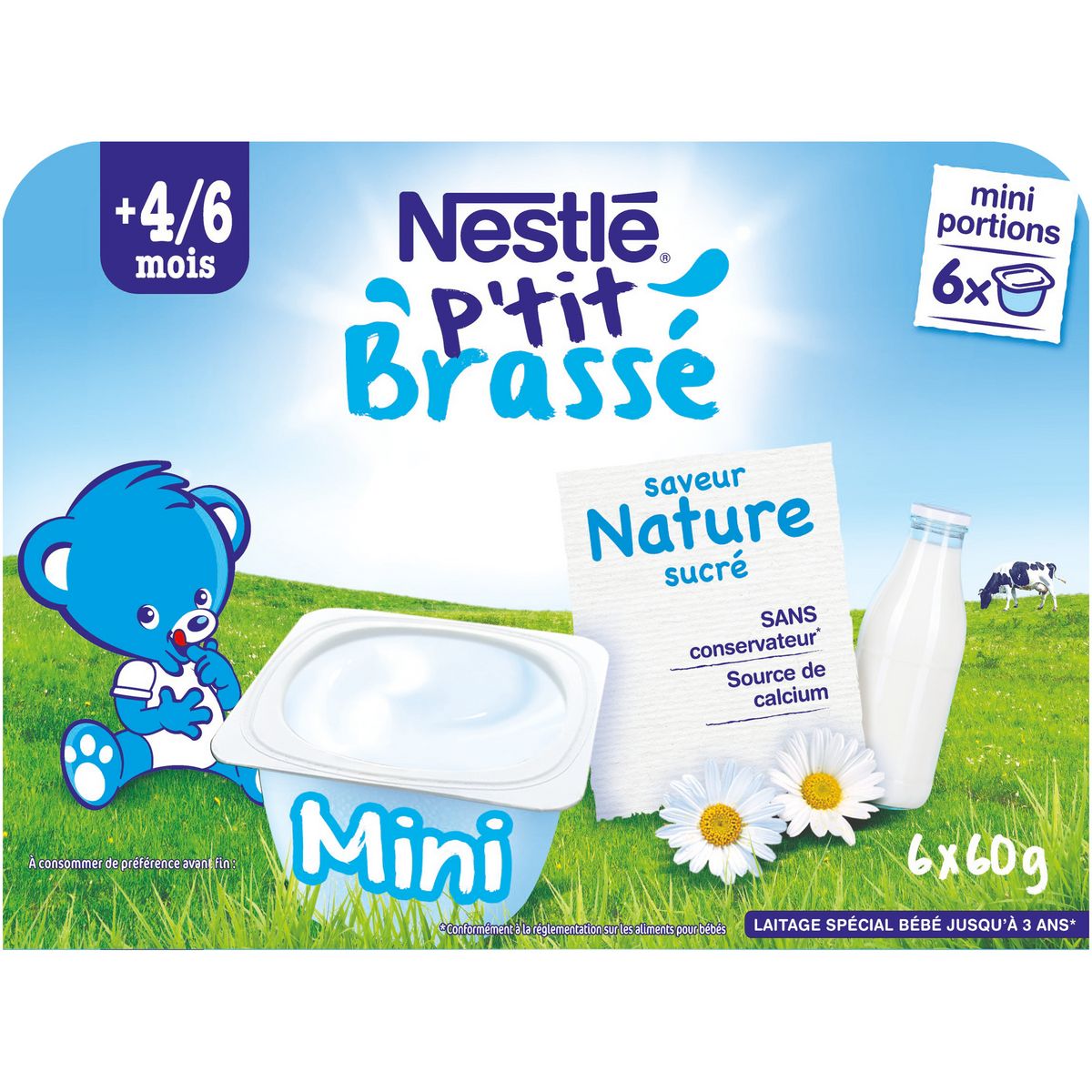 NESTLE P'tit brassé pot dessert lacté nature sucré dès 4 mois 6x60g