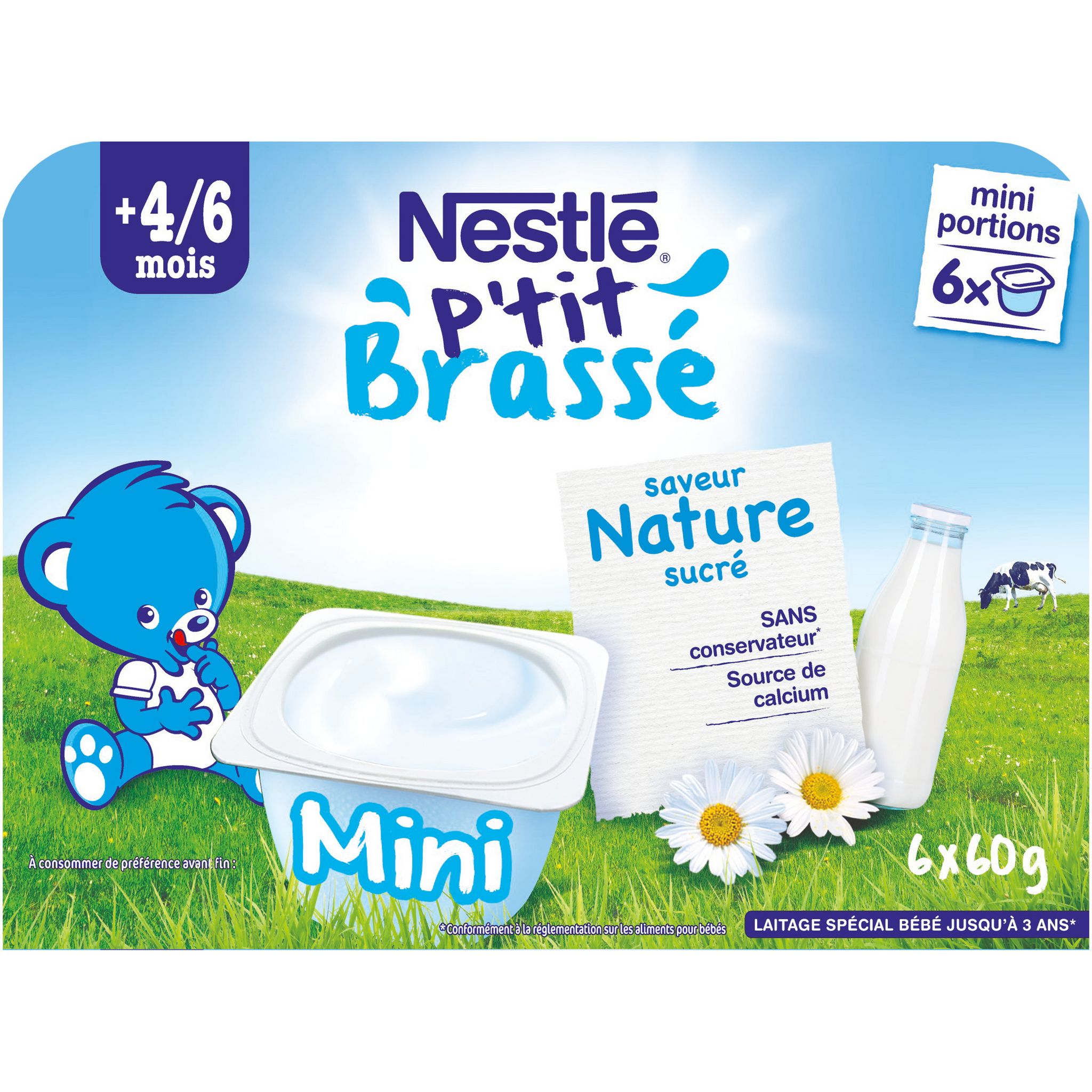 Voir la diapositive 2 : NESTLE P'tit brassé pot dessert lacté nature sucré dès 4 mois 6x60g