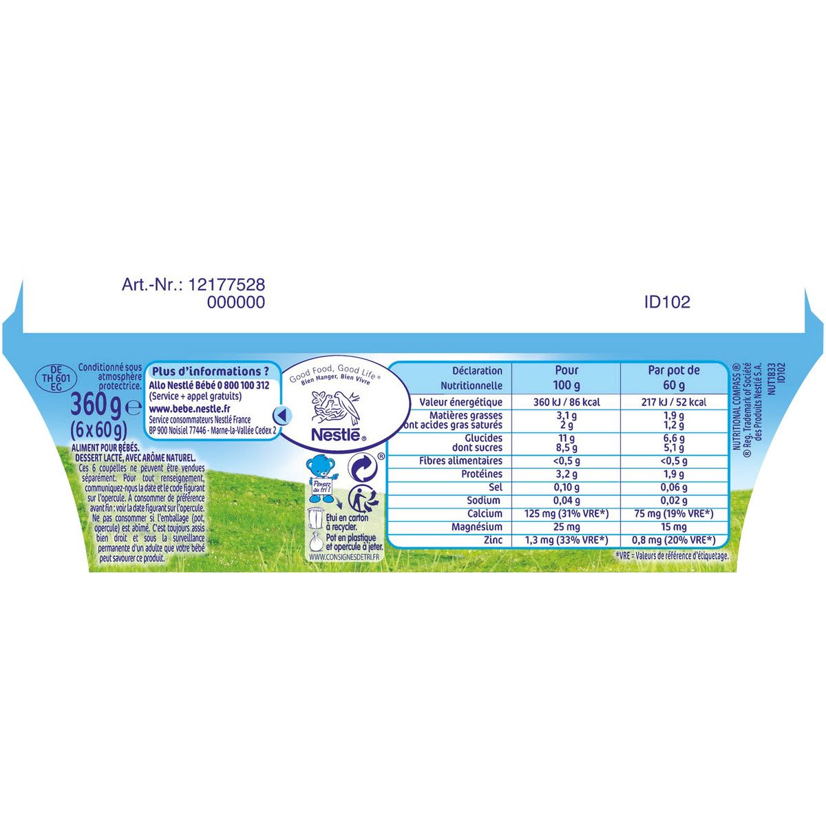 NESTLE P'tit brassé pot dessert lacté nature sucré dès 4 mois 6x60g